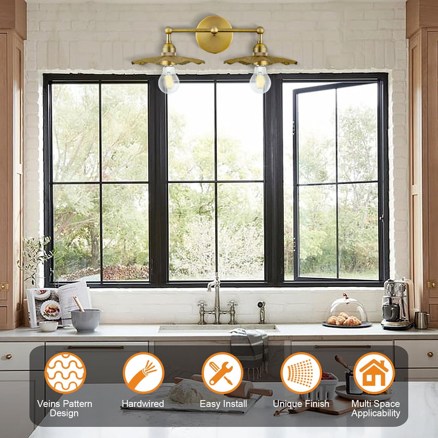 PASSICA DECOR Hardwired 2 Head Wall Sconce Indoor Wall Light Antique Brass 2-Lights with Flower Shade Wall Lighting Fixture for Bathroom Vanity Kitchen Sink Bedrroom Living Room Farmhouse…