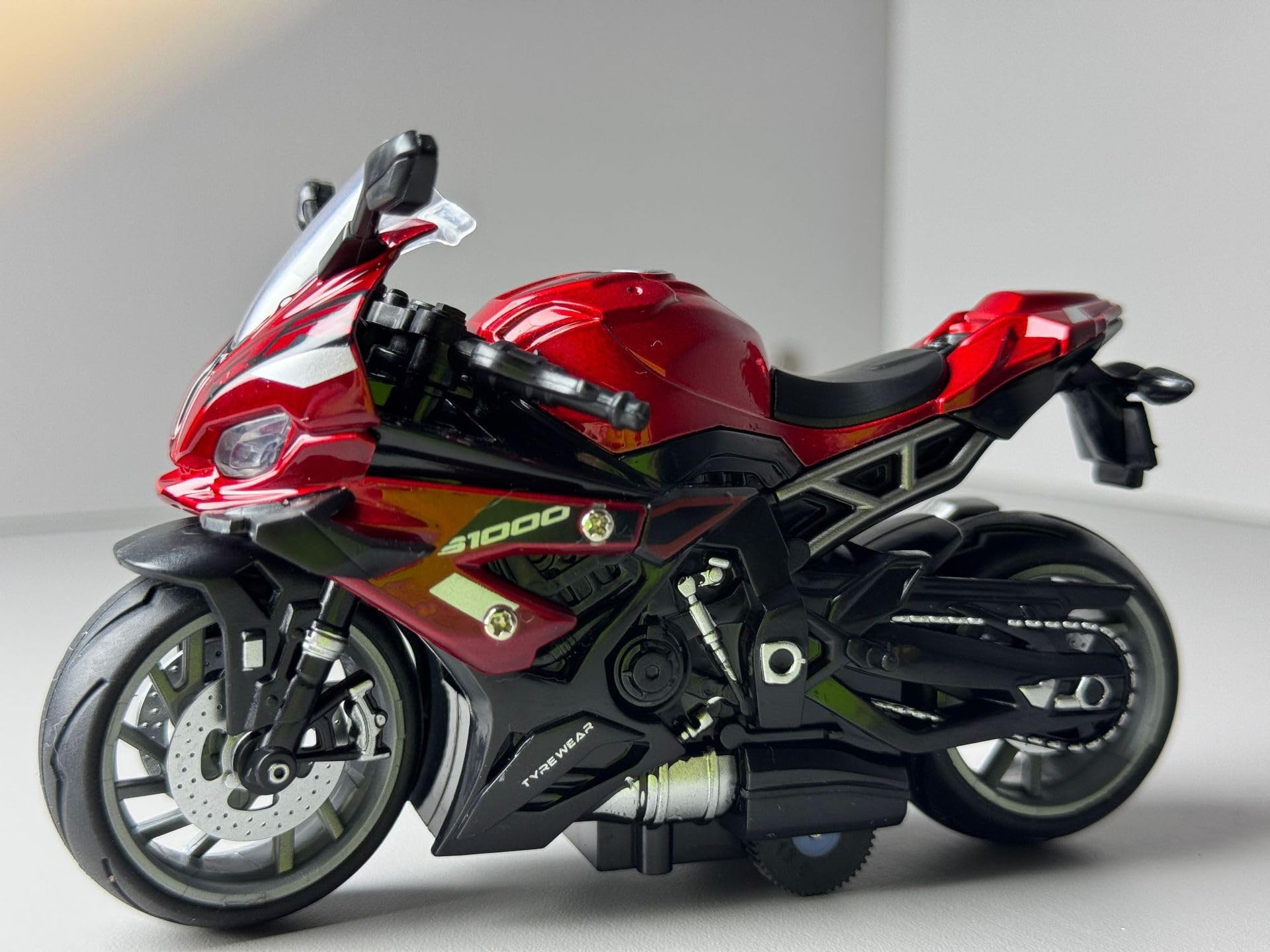 Feuerrotes Kinderspielzeug S1000RR Replica Aluminium-Motorrad, Aufziehbares Motorrad-Spielzeugmodell, Display-Stück, Druckguss im Maßstab 1:14 – Geschenk – Geeignetes Alter: Kinder (7–14 Jahre) - 3