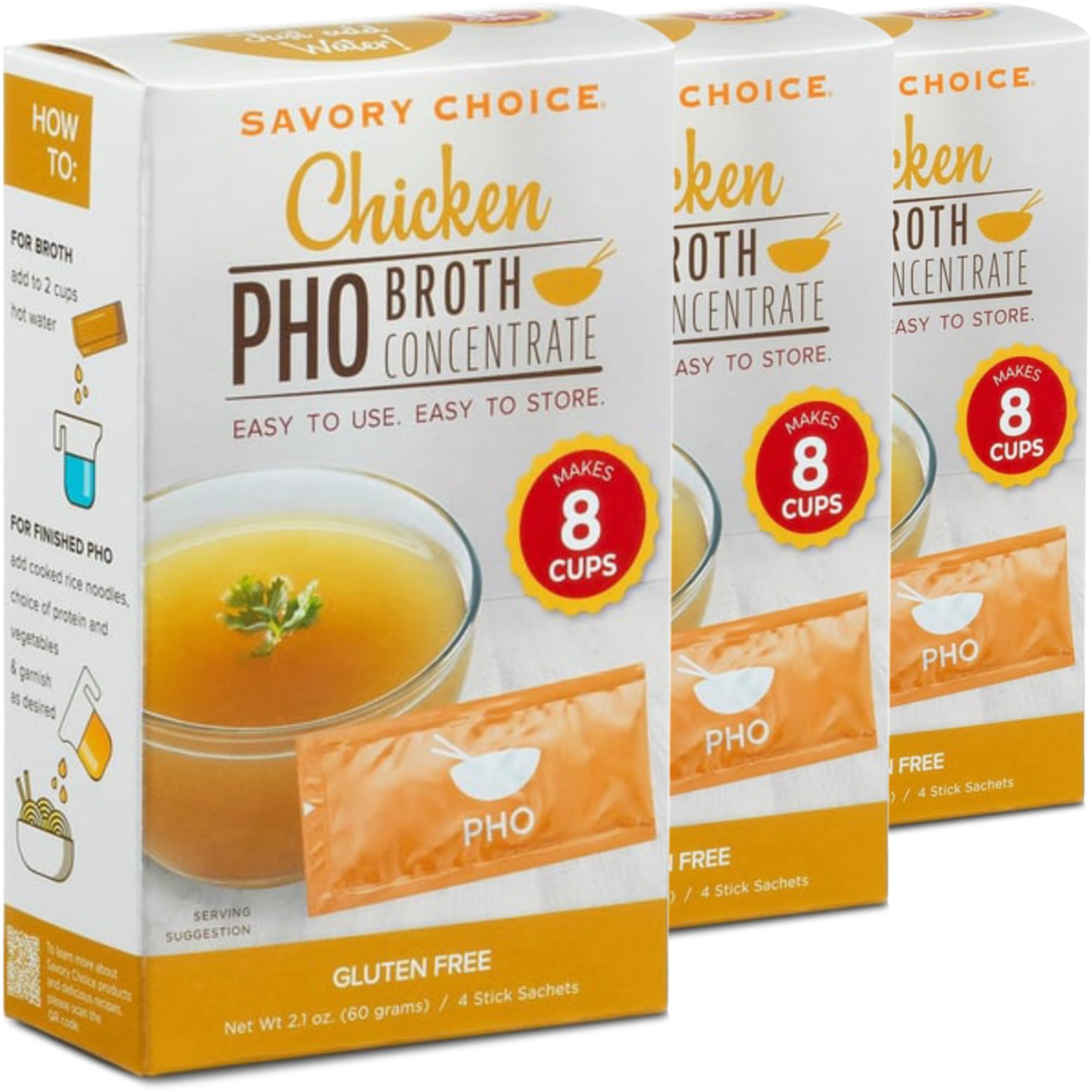 SAVORY CHOICE PHO Chicken Broth Concentrate, 3 Boxes of 4 Packets (15g) - Gluten-Free, Diary-Free PHO Broth Concentrate