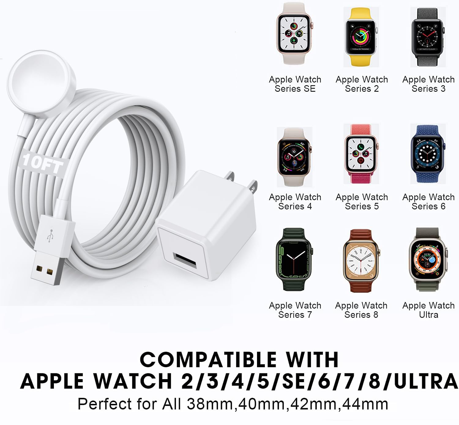 Câble de charge magnétique sans fil pour Apple Watch, 3 m de long, chargeur mural USB, bloc adaptateur compatible avec Apple Watch Series 9/8/7/SE/6/5/4/3/2/1