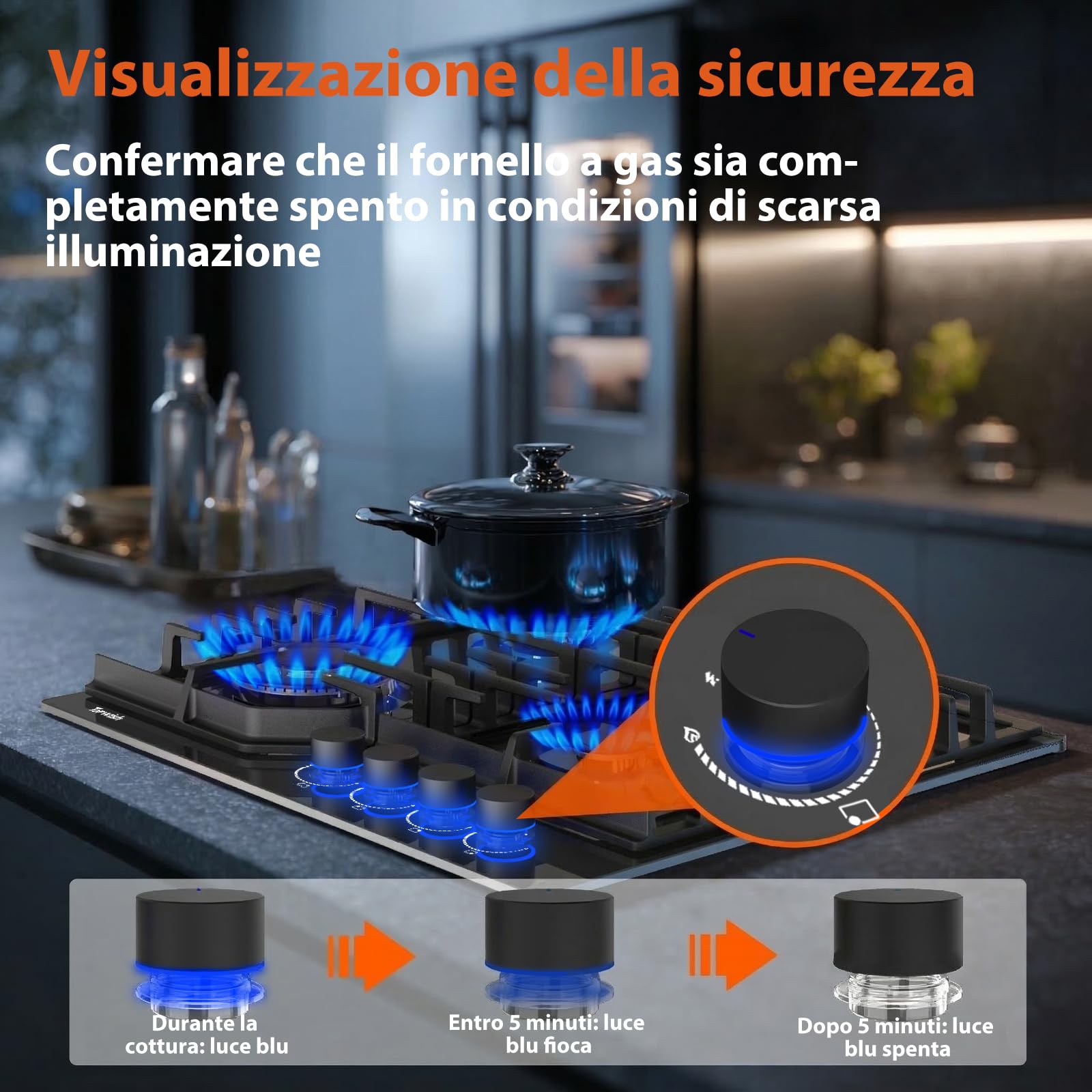 TOPWISH piano cottura gas incasso, piano cottura 4 fuochi gas, con Blu manopole illuminate, NG/LPG convertibile, protezione flame-out, accensione elettronica, 8000 Watt
