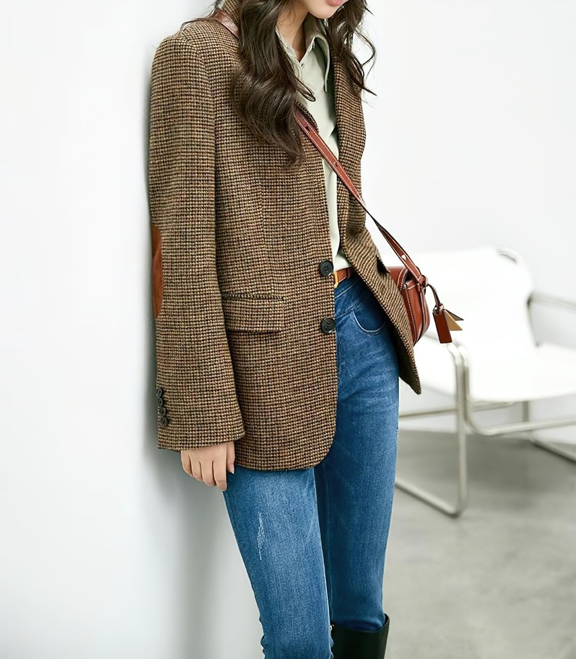 chouyatou Women's Fall Winter Wool Business Casual Blazer Jacket Single Breasted Plaid Dressy Work Coat - Image 5