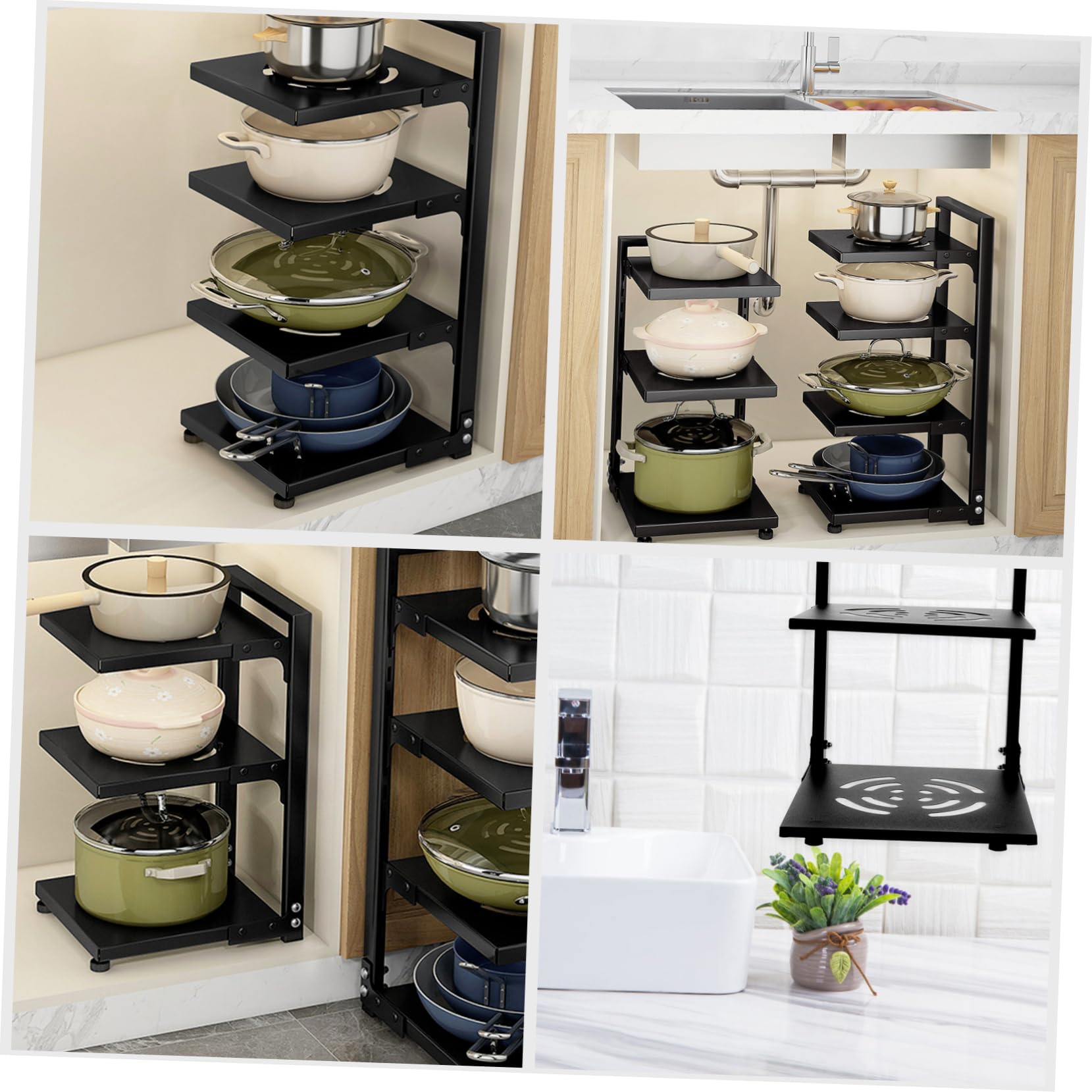 UKCOCO Organizzatore per Organizzare Pentole e Padelle per Pentole a 3 Livelli in Acciaio al Carbonio Nero Spazi Regolabili, Scaffale Multifunzione per Cucina e Bagno
