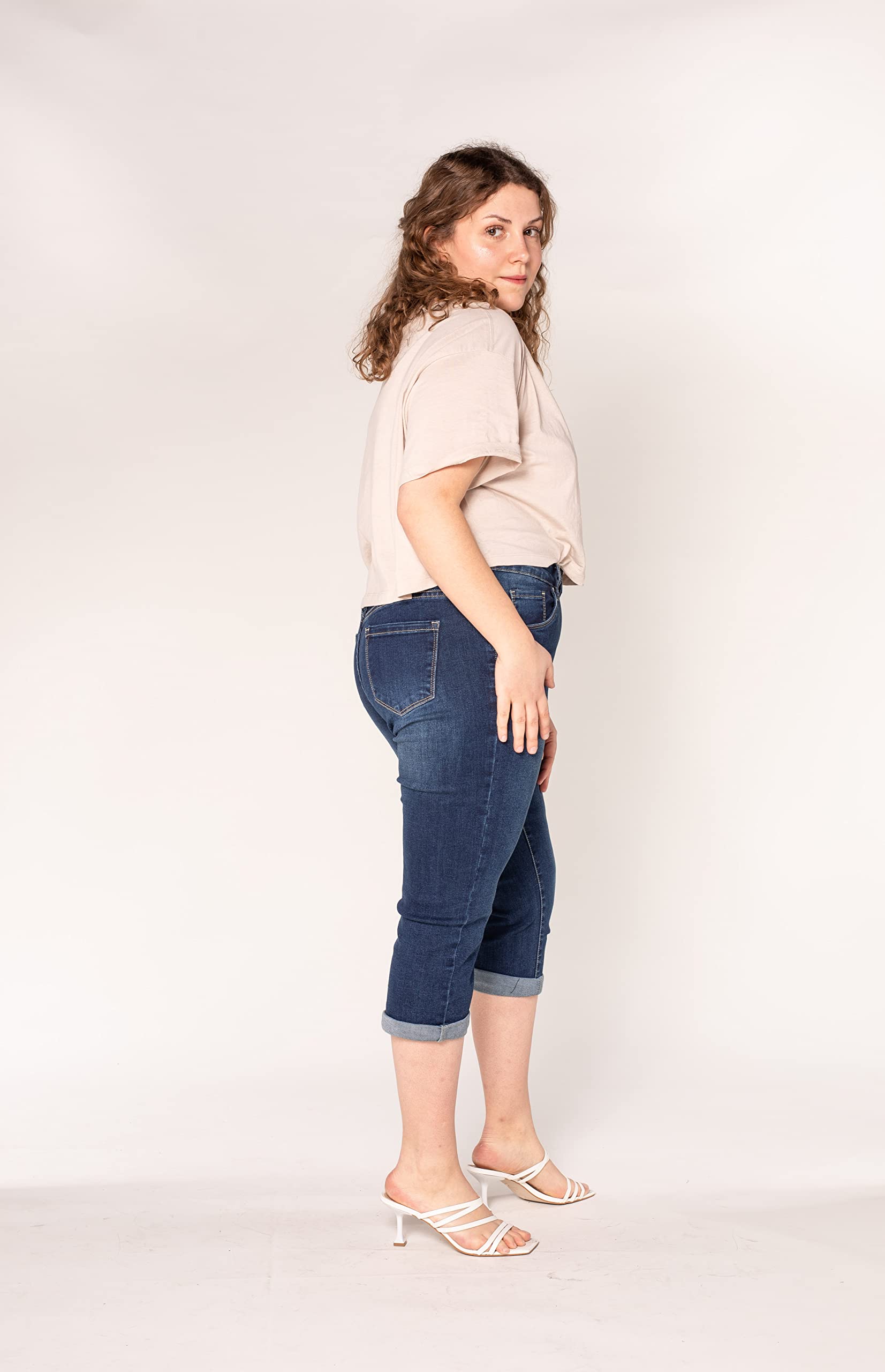 Nina Carter P200 Jean Capri Femme Grande Taille Stretch Taille Haute Jean 3/4 Style Décontracté Usé Pantacourt d'Été Élastique