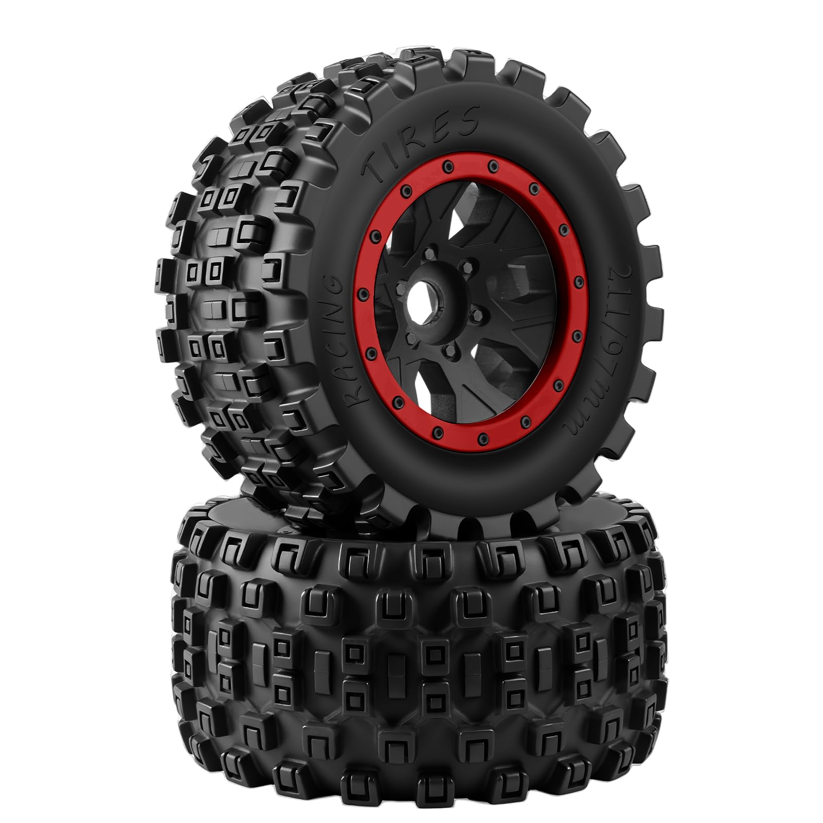 GLOBACT MX43 1/5 RC Tires, Pre-Installed Screw-Lock Monster Truck Tires with 24mm Hex Adapter, Compatible with Traxxas 1/5 X-Maxx 8S, 1/6 XRT 8S, Arrma 1/5 Kraton 8S, Outcast 8S (Red 2Pcs)