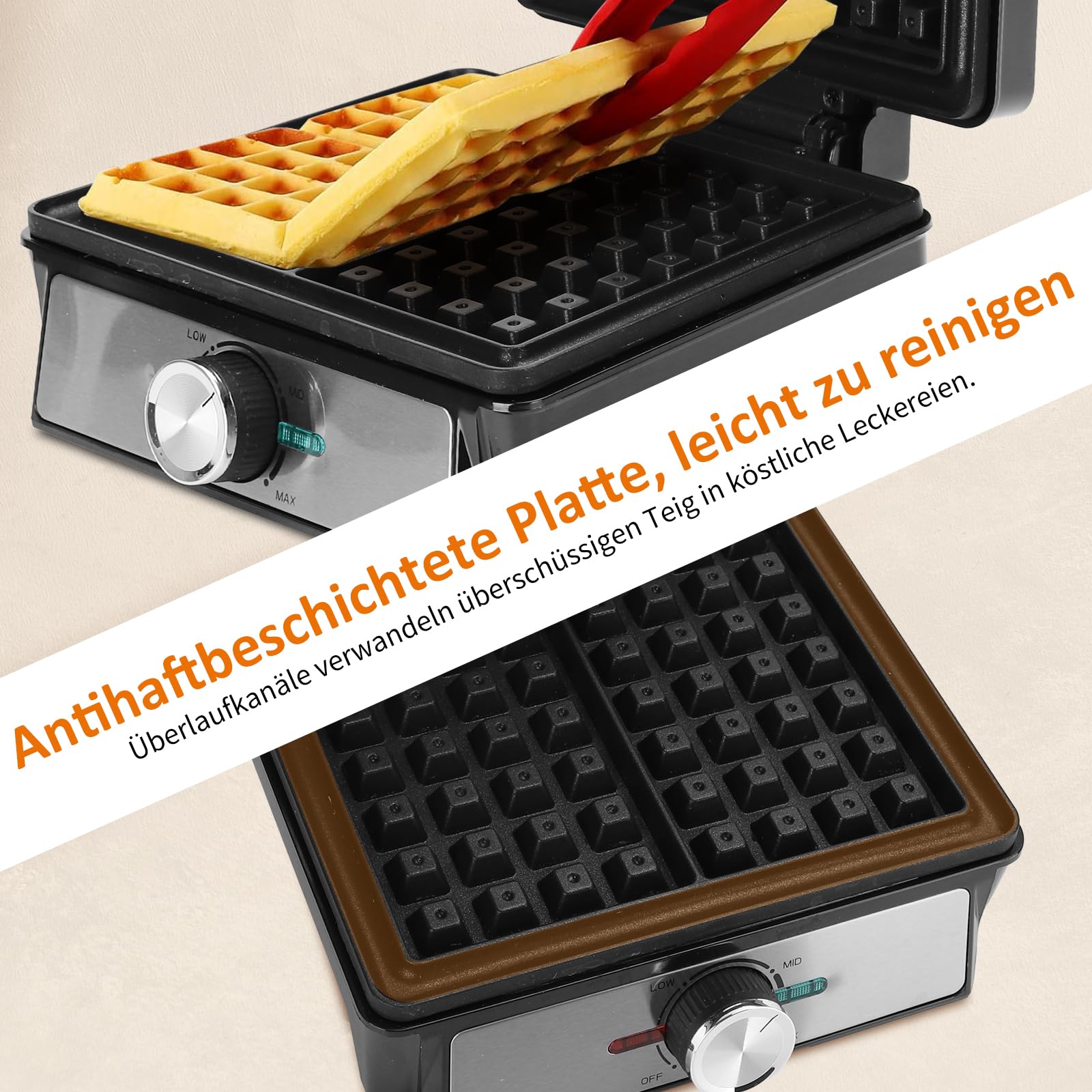Aigostar Waffeleisen für 2 belgische Waffeln, 1600W, Antihaftbeschichtung, 20,2x17,2x2 cm, Waffelautomat mit einstellbarer Temperatur, LED-Anzeige, kompaktes Edelstahl-Design, BPA und PFOA frei