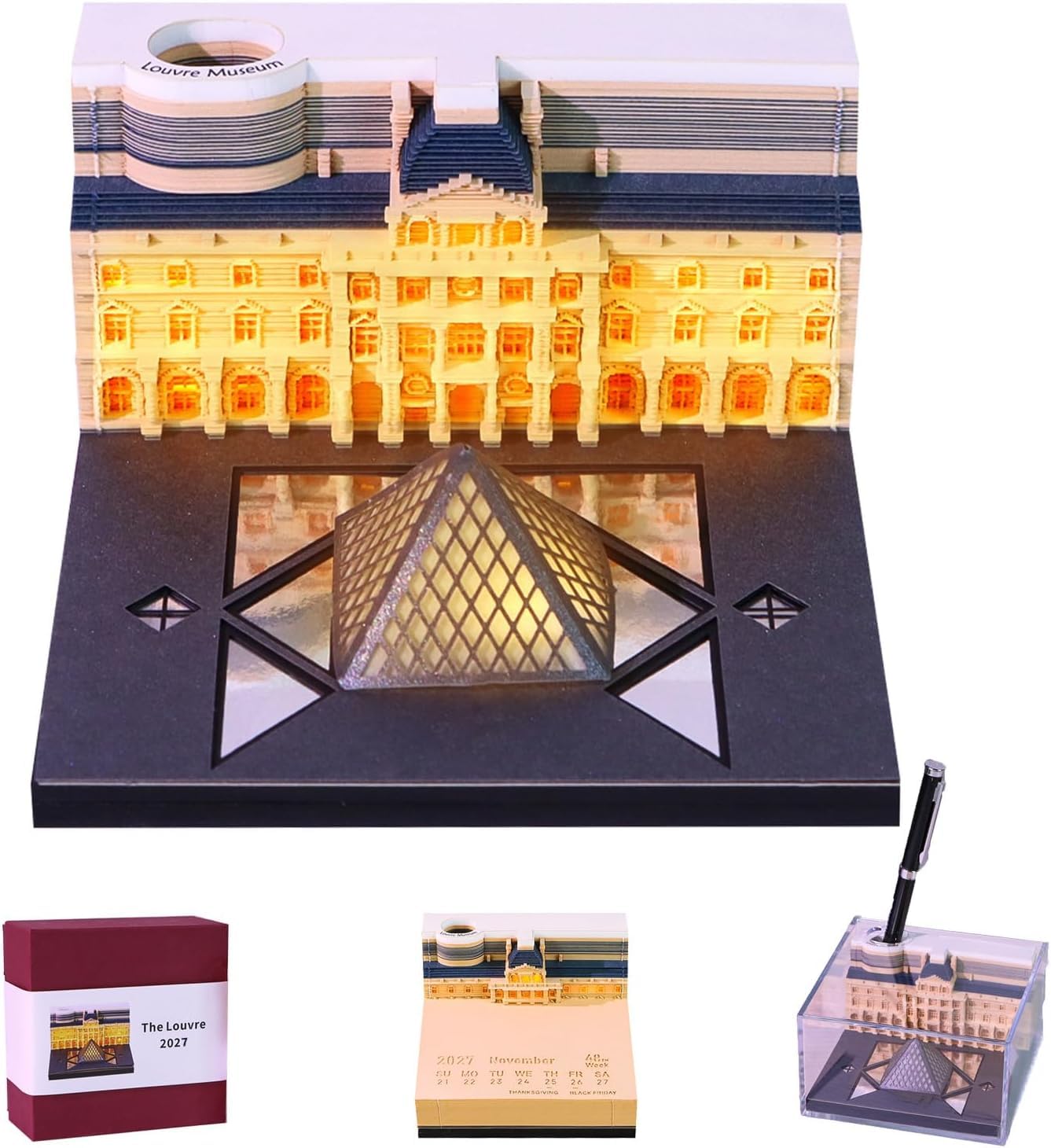 3D-Kalender 2027 Louvre Tear Away Memo Pad Desk Art | Layered Paper Carving, Acrylic Display Cover, Compact tabletop decor, quick note sheets, gift ready stationery
