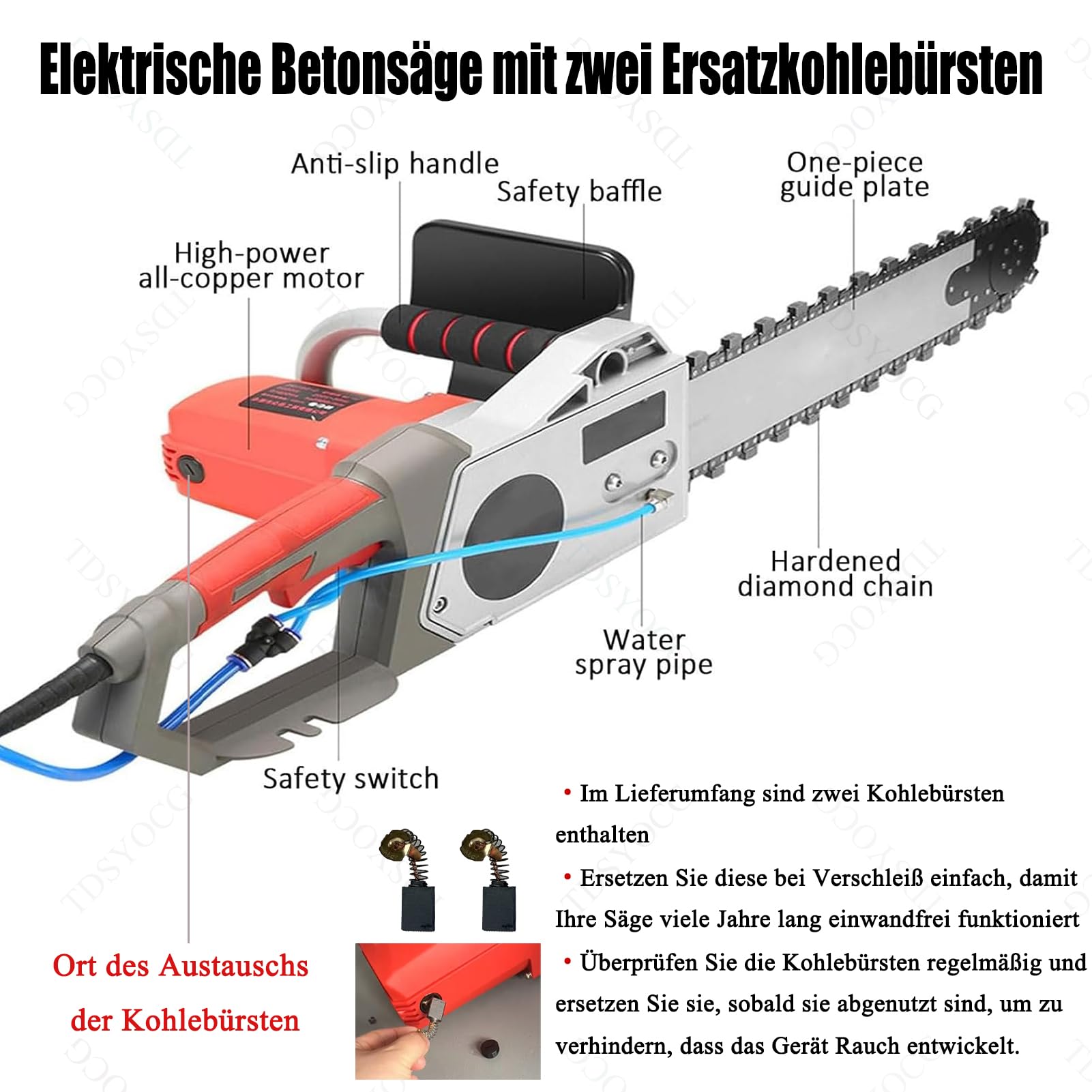 Elektryczna piła do betonu z redukcją pyłu zasilanego wodą, piła łańcuchowa do cięcia betonu 350 mm/480 mm i podwójnym łańcuchem diamentowym, do granitu, porcelany, betonu i betonu zbrojonego