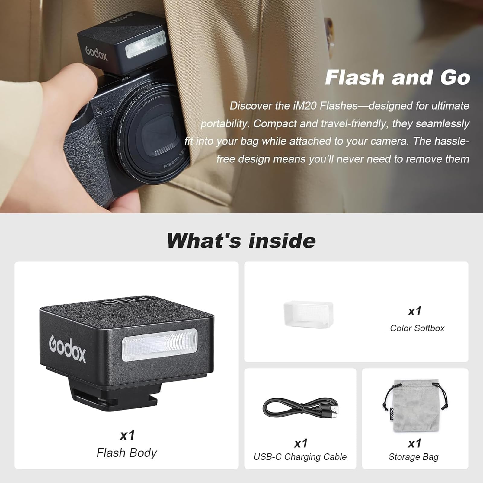 Godox iM20 Mini-Kamerablitz Flash Speedlite - 470 mAh/Type-c Charge/440 Full-Power Blitze/3s Recycle Times/5 Power Levels/Manual,Kamerablitz für Sony zve10/zv1/Sony a7iii/Ricoh gr3/Fujifilm f1 etc.
