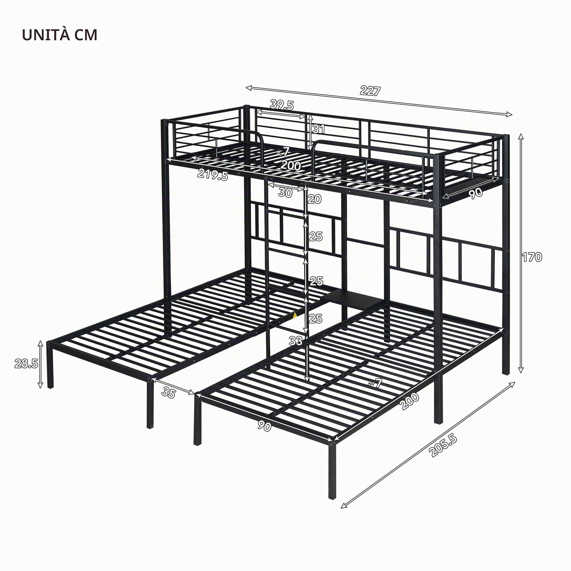 Moimhear Letto triplo, letto a castello triplo con scala per bambini e adolescenti, letto in ferro con porta di sicurezza e tavolo (90x200cmx3, nero)