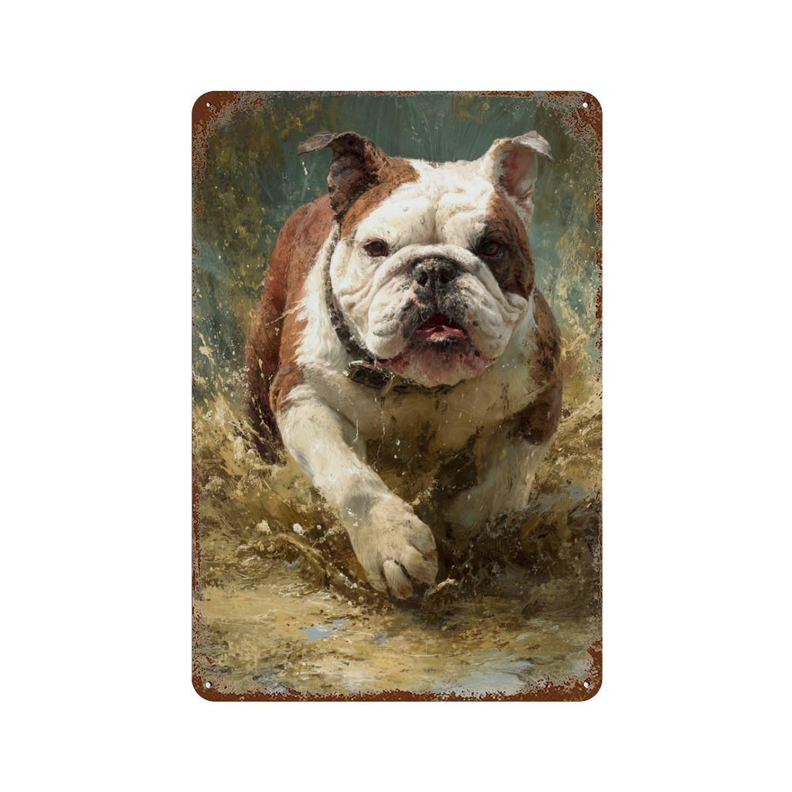 Garage Style Bulldog Running in Water Weathered Tin Sign 11.8"x7.9", Shabby Chic Decor for Bar And Workshop
