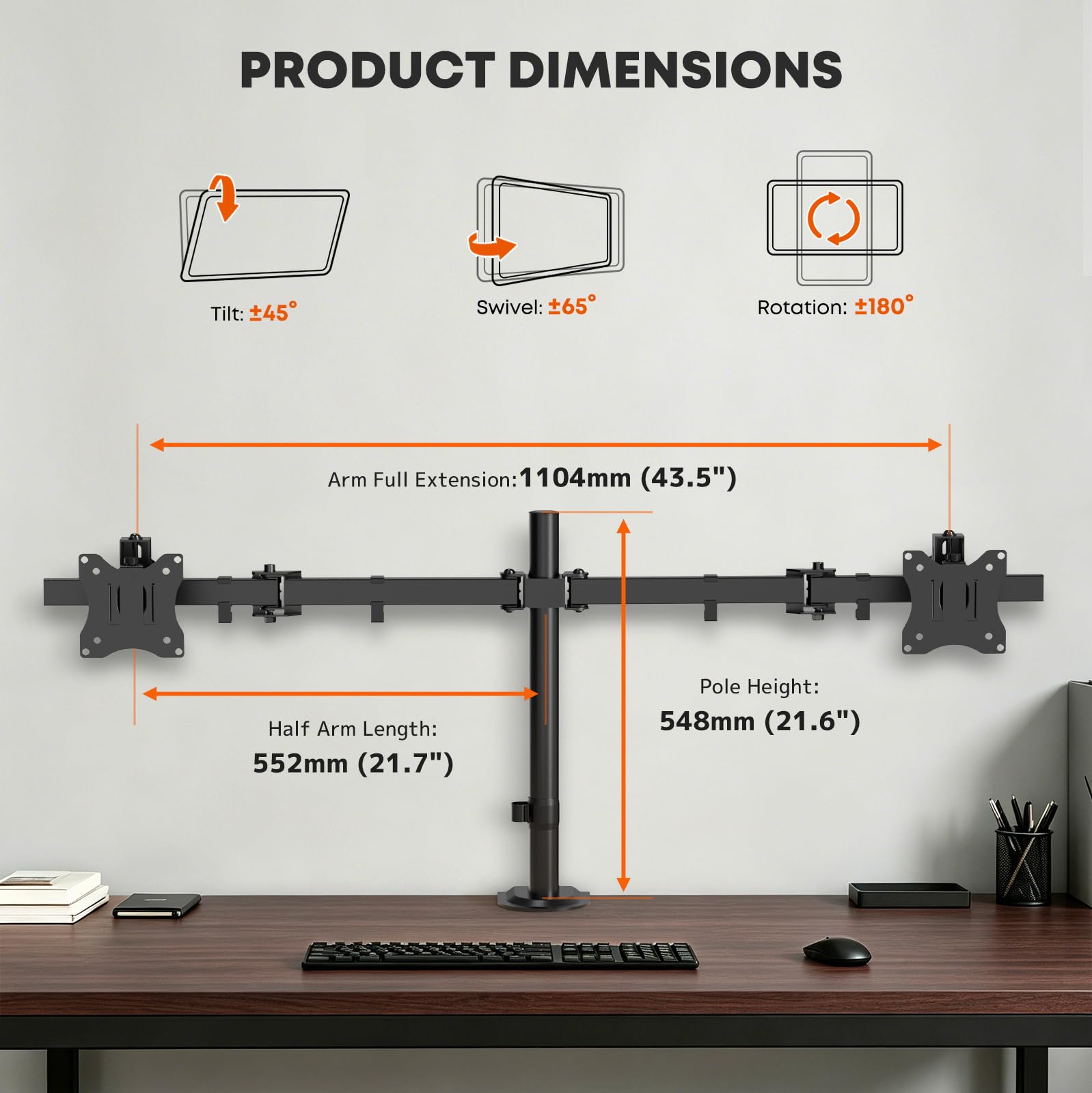 PUTORSEN Supporto per 2 monitor per schermo da 17-32 pollici, fino a 9 kg | Altezza del palo di 438 mm con ulteriore campo di regolazione fine di 40 mm, braccio scorrevole VESA per 2 monitor