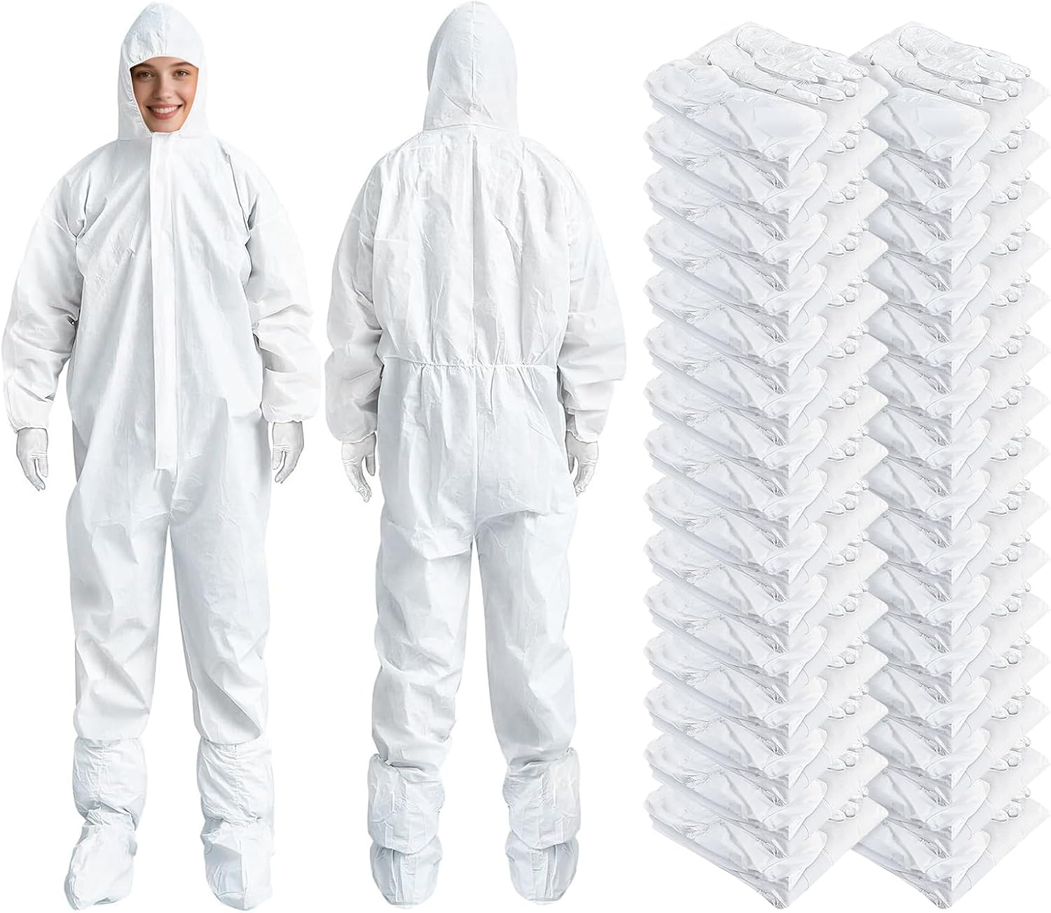 30 Pack Heavy-Duty Disposable Spray Painted Protective Clothing Set - Hooded Jumpsuit with Elastic Cuffs + Shoe Covers + Gloves (Unisex, White, Size L)