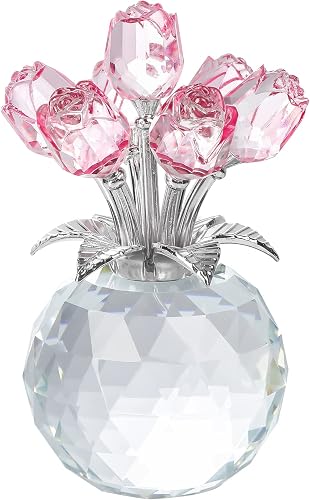 YWHL Handmade Crystal Pink Rose Flower Figurine with Round Vase, Rose Gifts for Girlfriend Wife Sister, Romantic Gifts for Mom on Mother's Day Birthday Anniversary, Wedding Home Decorations