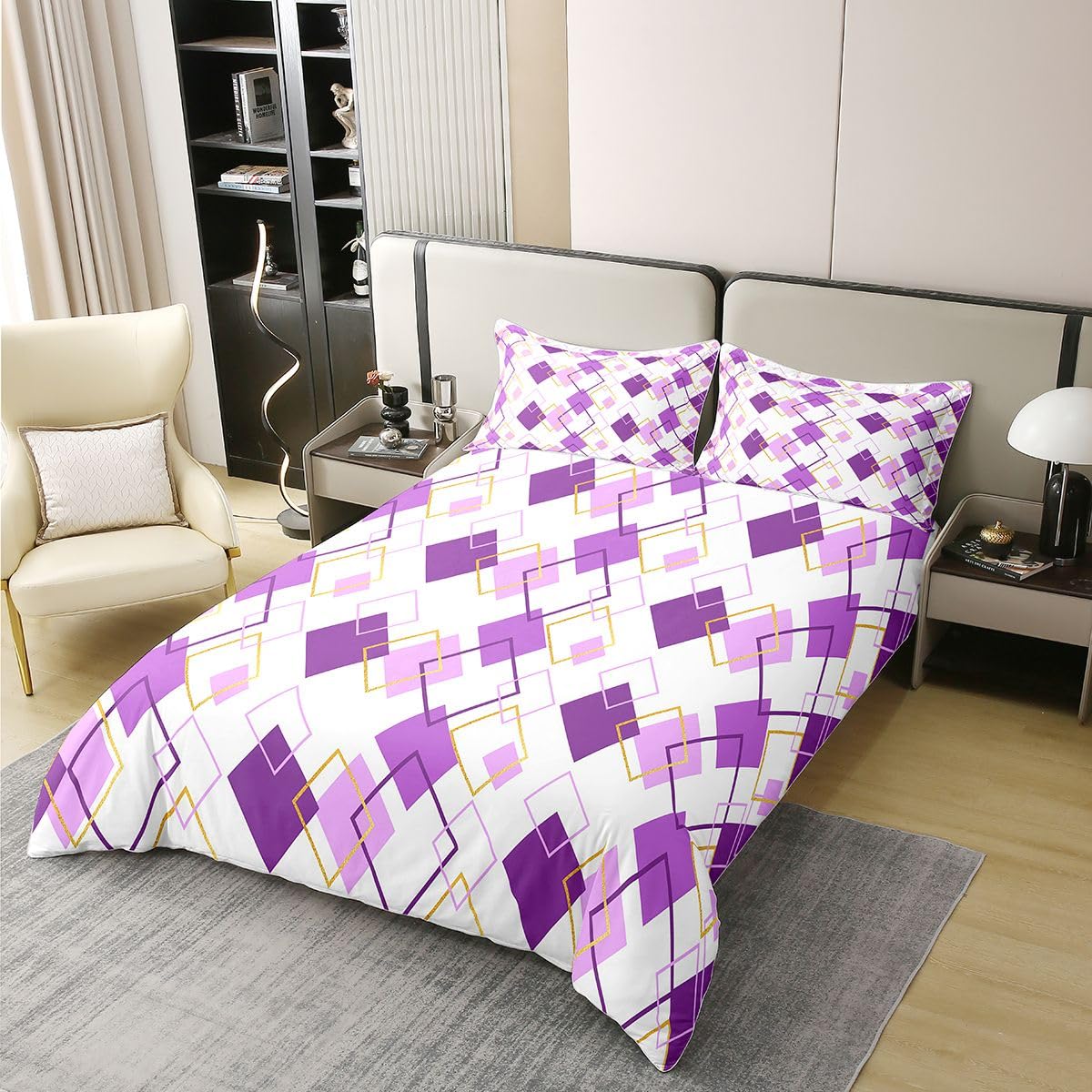 Homewish Fioletowy abstrakcyjny super king zestaw pościeli nowoczesny minimalistyczny geometryczny bawełna poszewka na kołdrę złota kwadratowa poszewka na kołdrę prosta współczesna estetyczna pościel