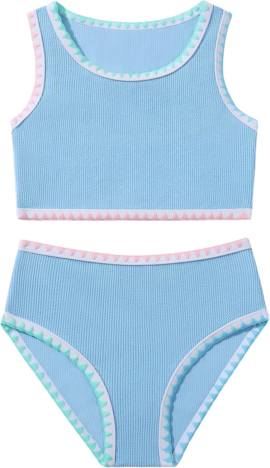 Girls Bathing Suit Toddler Swimsuits 2 Piece Bikini Sets Round Neck Colorful Lace Teen Girls Swimwear 3-14T