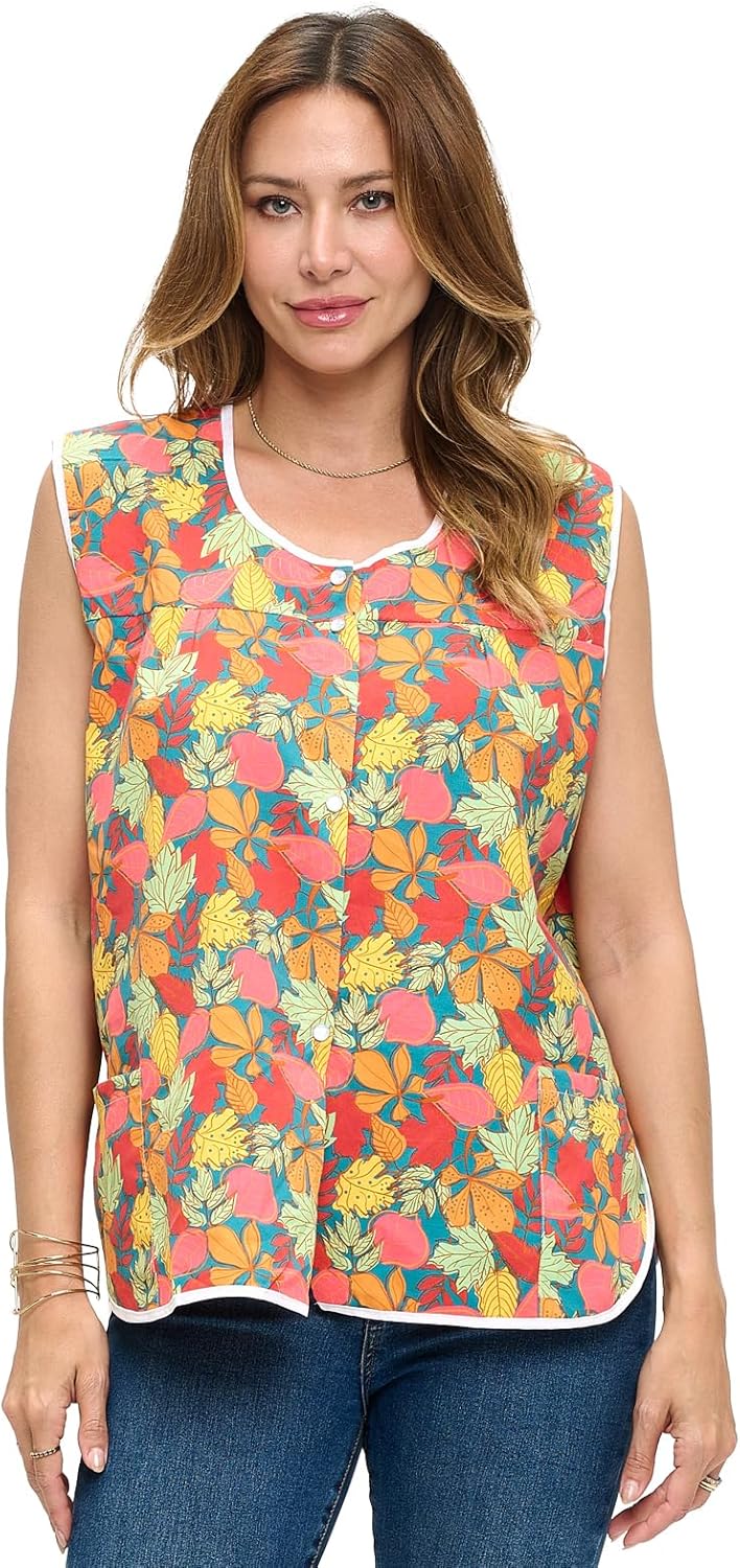 Casual Nights Women's Snap Front Smock Cobbler Woven Scrub Apron with Pockets - Multiuse Vest Aprons