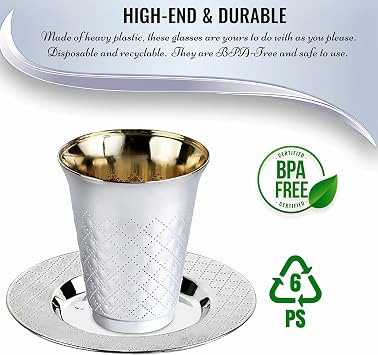 Shimmering Aluminum Silver Kiddush Cup & Plastic Saucers Set (10 Pack) - 5 oz. - Perfect for Celebrations, Events & Home Use