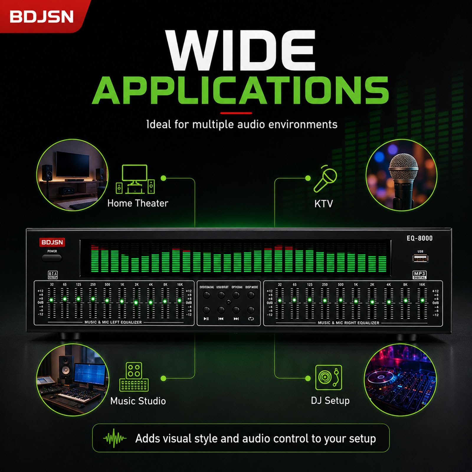 Equalizzatore Grafico Stereo, Equalizzatore Spettro Audio con Display LED, Regolazione Indipendente Doppia 10 Bande, Riproduzione USB, Ingresso Uscita Ottico Coassiale RCA per Home Theater, KTV