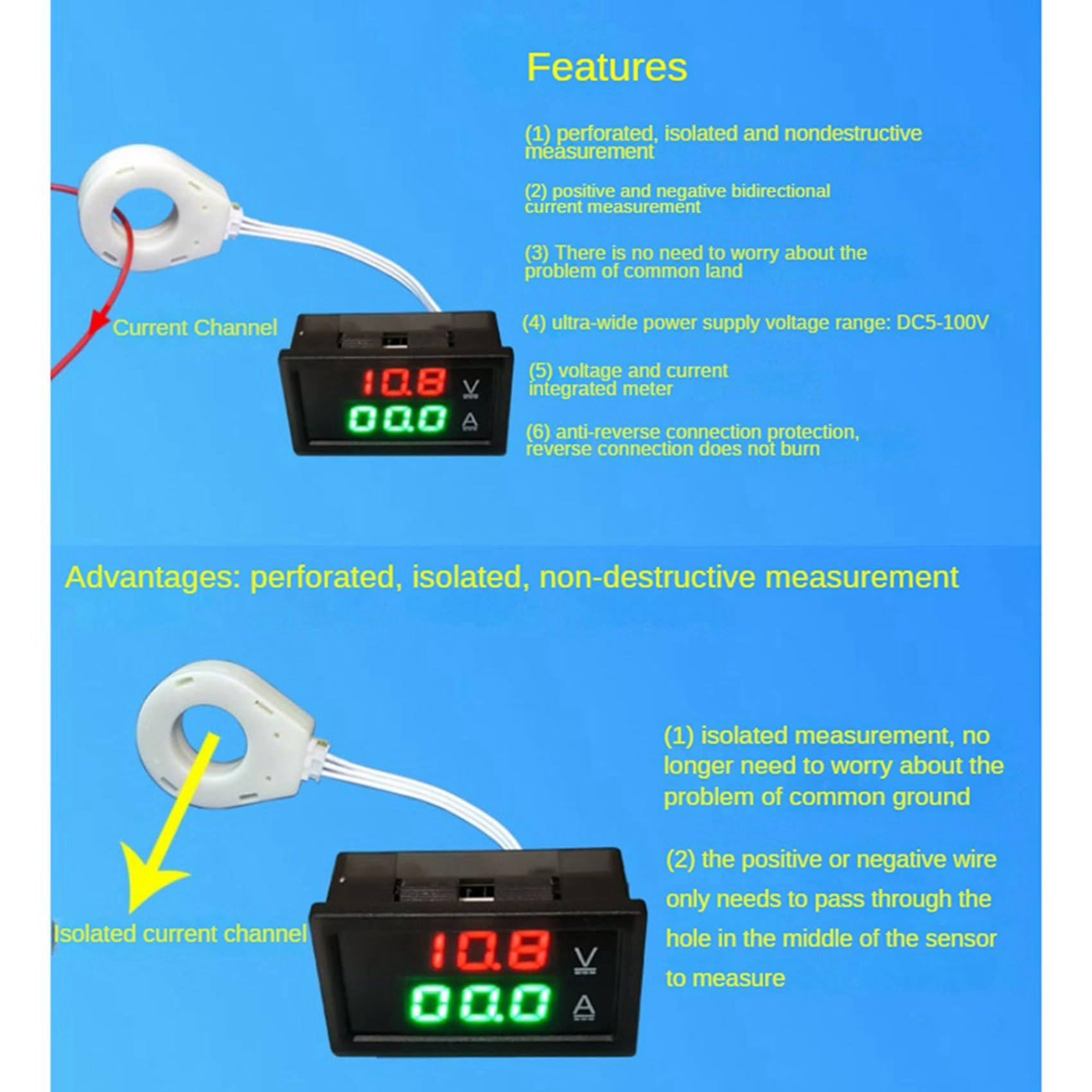 2 amperímetros, voltímetro CC, 0-300 V, 200 A, monitor de batería, LED, medidor de voltaje digital, 12 V, 24 V, 36 V, 48 V, 60 V para coche