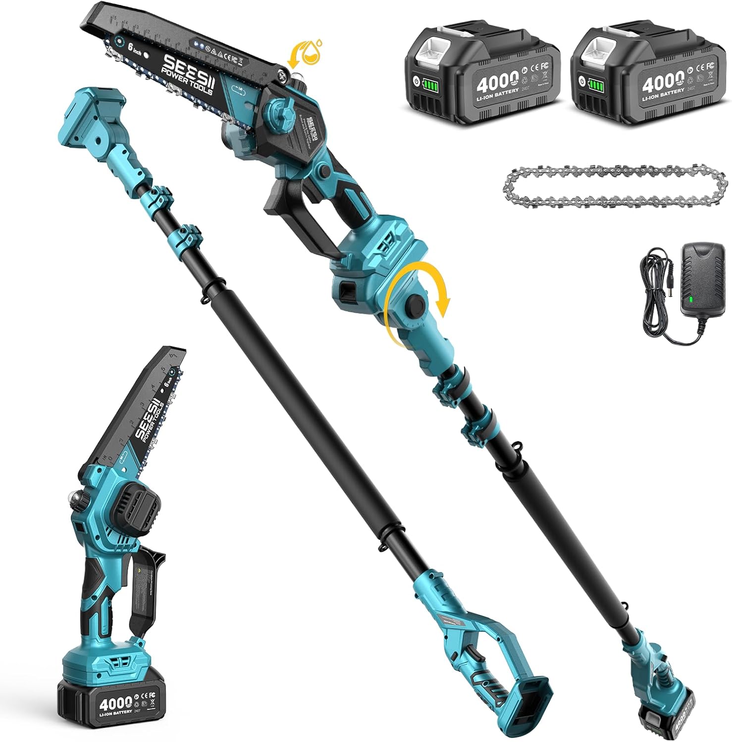 SEESII 2-in-1 Electric Pole Saws: Brushless Mini Chainsaw Cordless 6 Inch, 2 x 4000mAh Batteries, Pole Saw for Tree Trimming,Hand held Chain Saw with Extension Pole for Tree Limb Branch Cutter,P6 Ace 6-in pole saw,4000mAh+4000mAH