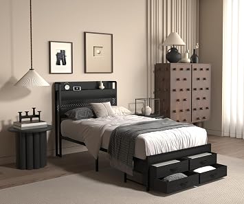Metal Platform Bed Frame with Storage Drawers and Smart LED Light Bed Frame with Charging Station No Box Spring Needed Easy to Assemble Black, Twin