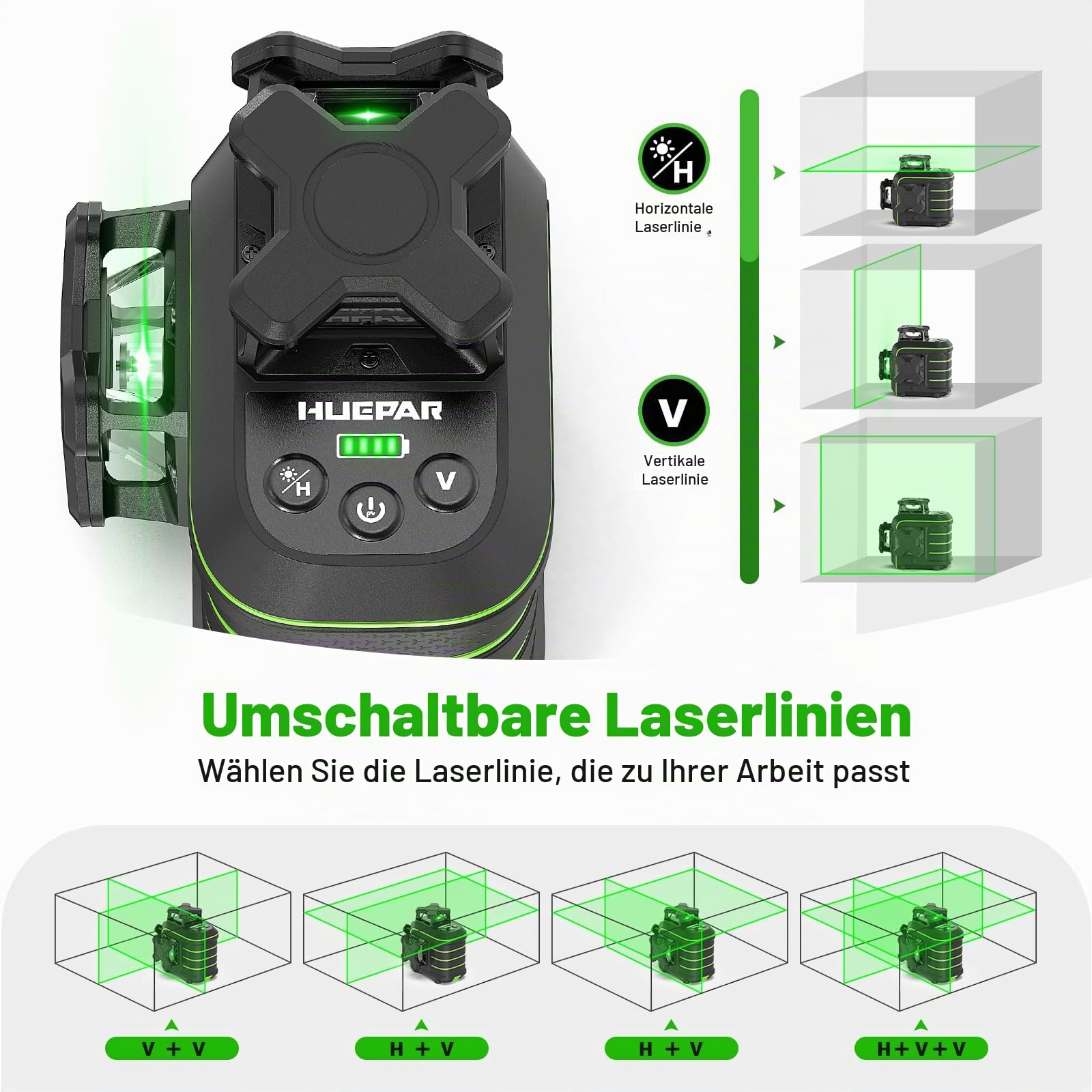 Huepar 1,5m Sturzfest 3x360° Grüner Kreuzlinienlaser Selbstnivellierend, 12 Linien mit Pulsmodus, Magnetischer Drehhalterung, 50m Reichweite, Type-C Wiederaufladbar, Inkl. 1,2m Stativ，U03CGT