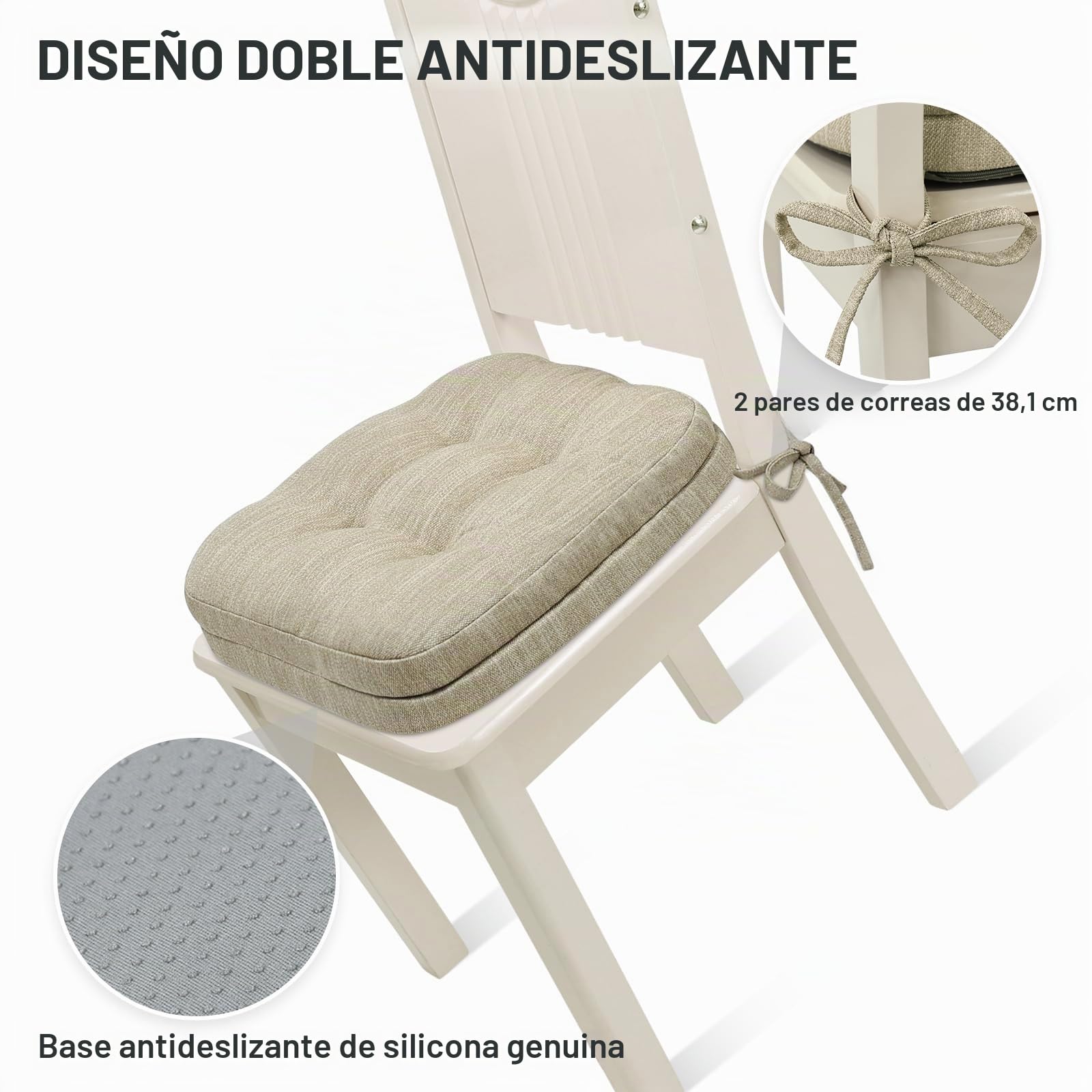 Shinnwa Cojines para sillas de Comedor, 4 Unidades, Cojines de Espuma viscoelástica para Asiento de Cocina, Antideslizantes, con Lazos, 16.5 x 16.5 x 3.5 Pulgadas, Beige, Juego de 4