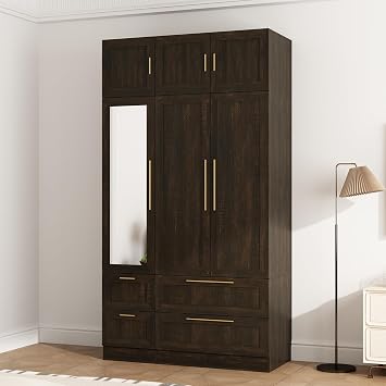 Wardrobe Closet with Mirror, 86.7H Armoire Wardrobe Closet with 6 Doors & 4 Drawers, Wooden Bedroom Armoire with Hanging Rod, Modern Large Capacity Clothing Cabinet, Dark Brown
