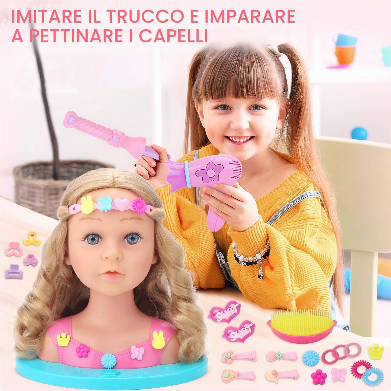 deAO Testa Bambola da Truccare e Pettinare 25cm, Testa da Acconciare per Bambini, Hair Styling Head Trucco e Parrucchiere con Asciugacapelli e Accessori, Bambola da Truccare Regalo per Bambina