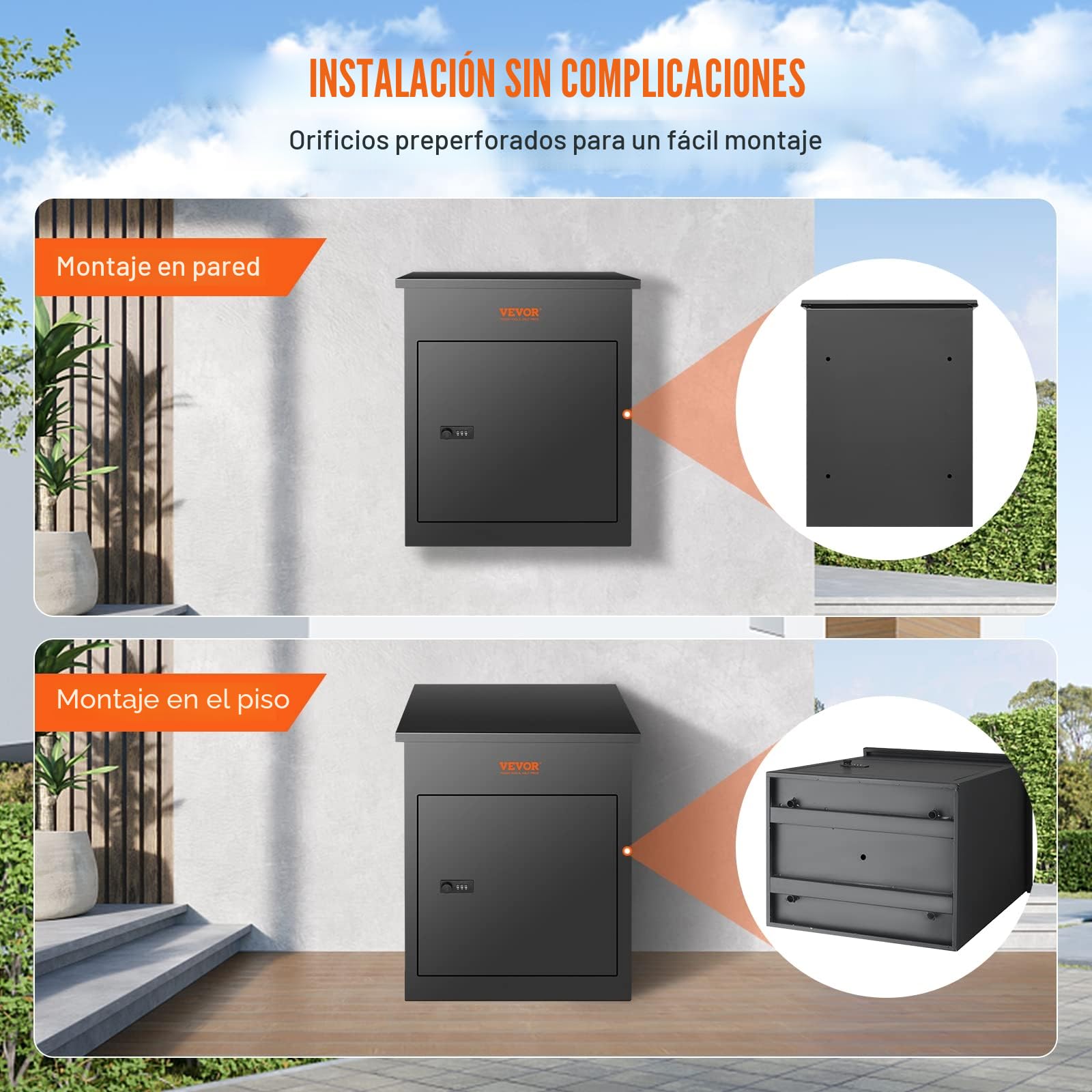 VEVOR Buzón para Paquetes 44x35x58,3 cm Buzón de Acero Galvanizado con Cerradura de Código Deflector Antirrobo Desmontable para Montaje en Pared Impermeable IPX3 Depósito de Paquetes para Hogar Porche