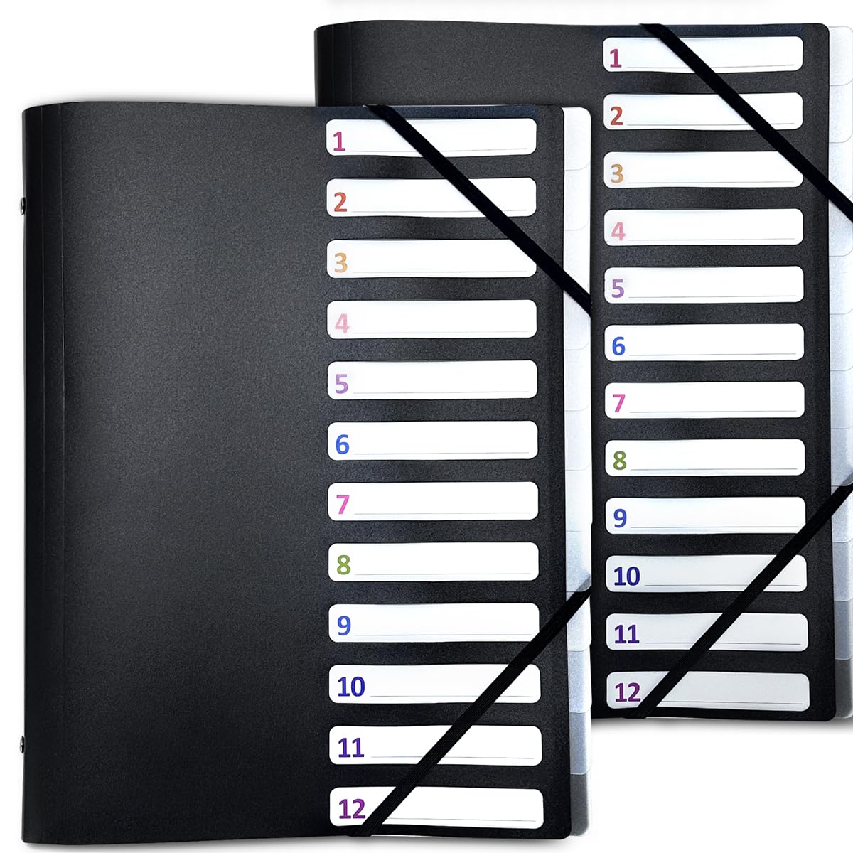 2 x A4 12 Compartments with Storage 3 Flaps - Black Polypropylene Strong Elastic Closure Polypropylene Dividers - Numbered and Identifiable Compartments - Office Filing
