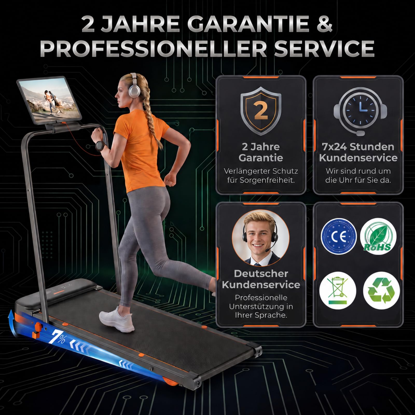 Laufband für Zuhause mit 5 Reha & 5 Vibrationsstufen, 6 in 1 Klappbares Walking Pad, 7% Steigung, 2,5 PS Motor (<40 dB), 1-10km/h Laufband Schreibtisch, Smart App, Fernbedienung, Schwarz