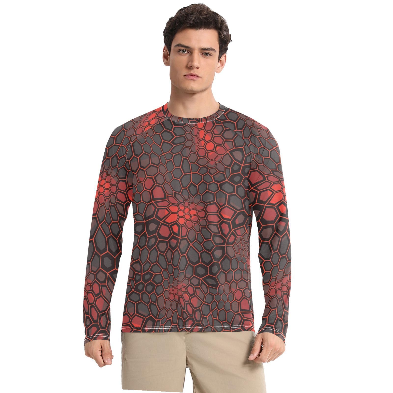 Dark Red Camouflage Geometric Camo Hexagon Scales for Hunting Men Round Neck Sunscreen Cool Sun Protection Soft Comfortable Lightweight Blouse for Cycling Hiking Driving (S)
