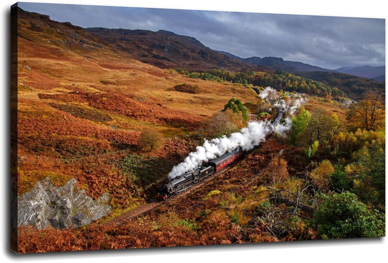 SSDDKL Scotland Train Steam Train Vehicle Landscape Fall Canvas Prints Poster Wall Art For Home Office Decorations With Framed 24"x16"