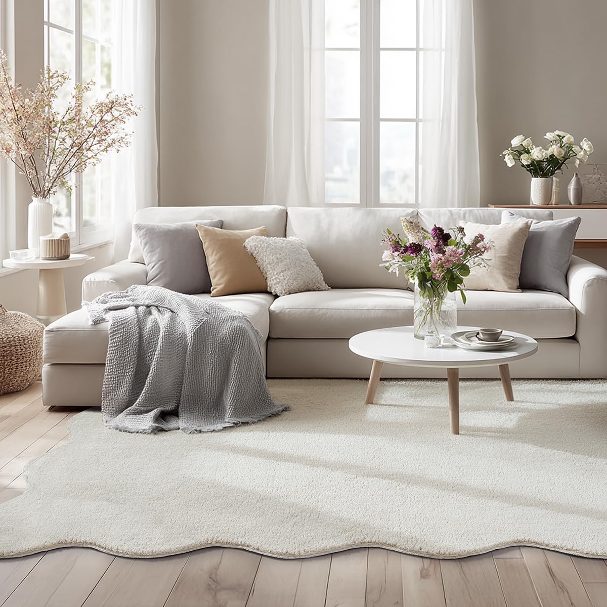 the carpet Lina Shape Scallop Alfombra, Piel sintética, Alfombra mullida, Base Antideslizante, Lavable, súper Suave, Crema, 160 x 220 cm