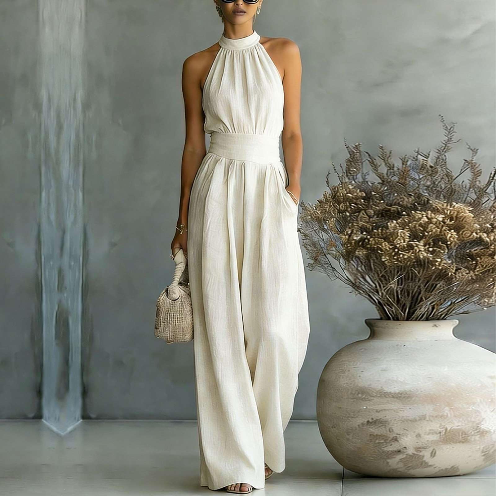 Générique Combinaison Pantalon Femme Chic Sans Manches Col Montant, Taille Haute Plissée et Jambes Larges, Jumpsuit Élégant et Fluide pour Soirée ou Mariage