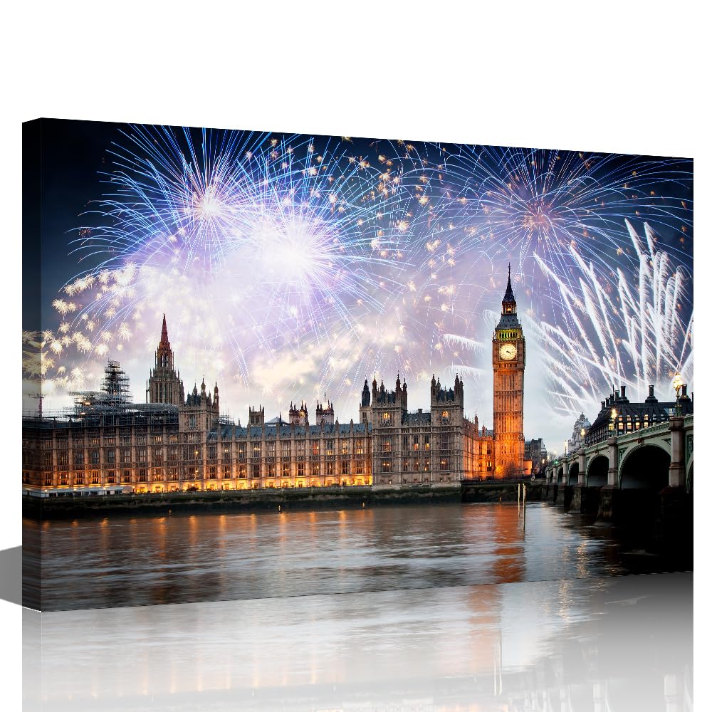 Canvas Prints Fireworks over Big Ben Clock Tower Painting Westminster Picture Prints London Cityscape Wall Art for Home Decoration Framed Ready to Hang - 36" x 24" — image 1
