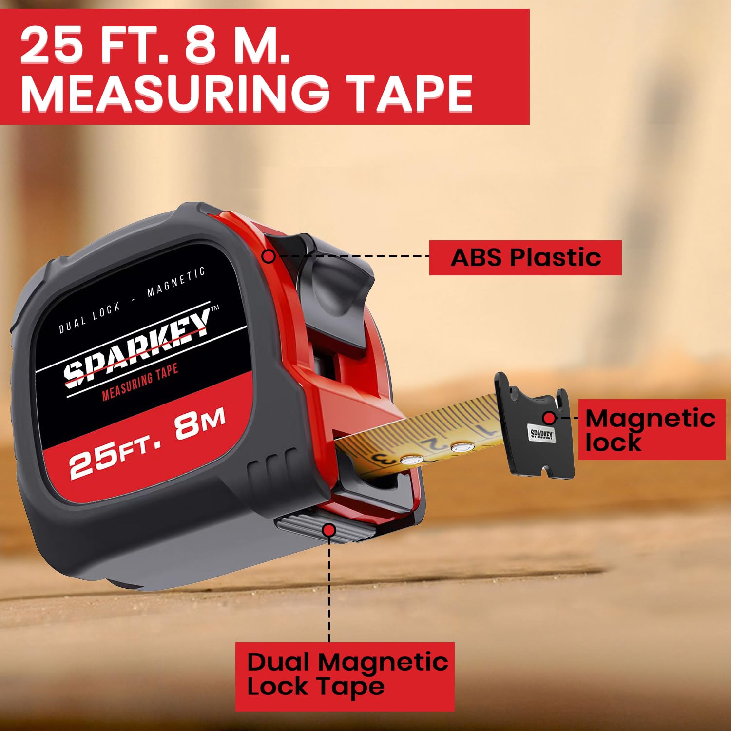 Sparkey Cinta métrica magnética retráctil, cinta métrica de 25 pies/8 m, herramienta de medición dual con cierre magnético y doble bloqueo, cinta eléctrica absorbente de golpes para construcción,
