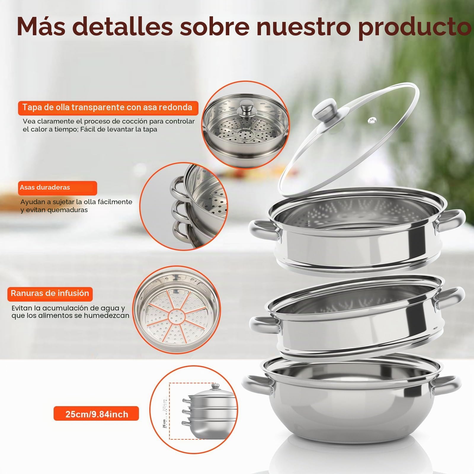 MINRS Olla de vapor de 3 capas, Vaporera para Olla, con tapa de cristal, 28 cm, acero inoxidable, multifunción, para cocinas de inducción, estufas eléctricas de cerámica, hornos eléctricos o de gas