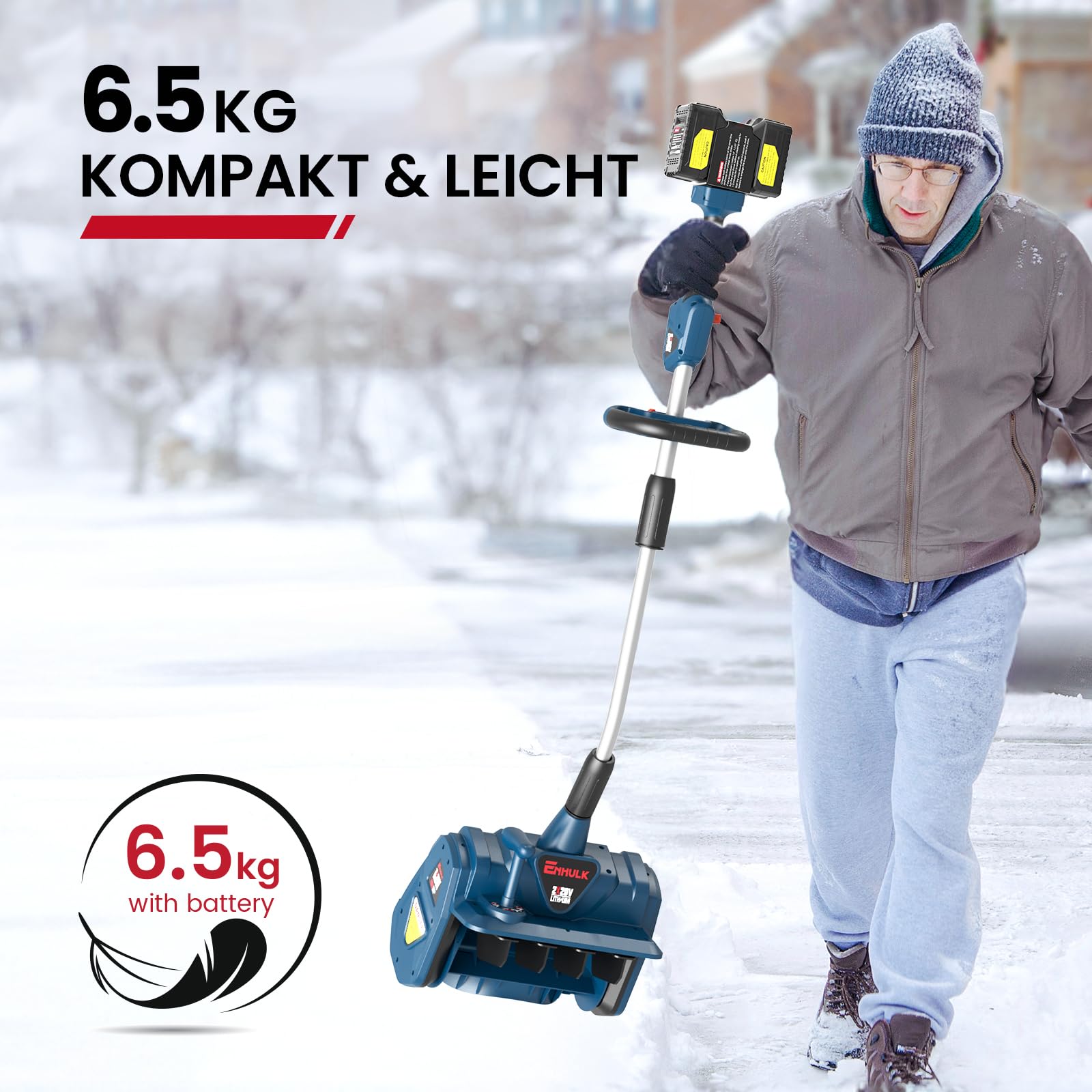 Enhulk 2×20V Akku-Schneefräse, 35cm Arbeitsbreite, 20cm Räumhöhe, Schneeschaufel mit Zusatzhandgriff, 8m Wurfweite, ±30° Verstellbare Wurfrichtung (Inkl. 2x4Ah Akku & 2,2A Doppelladegerät)