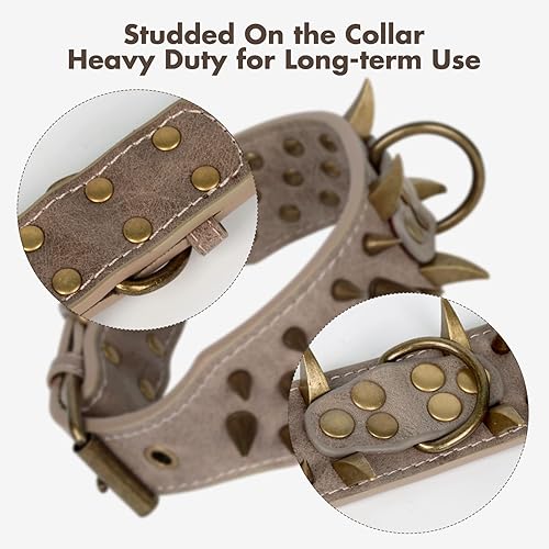 Miniatura 4 de WANYANG - Collar de perro con tachuelas, collar de perro con picos grandes y afilados, cuero geniune, protección para el cuello contra mordeduras,