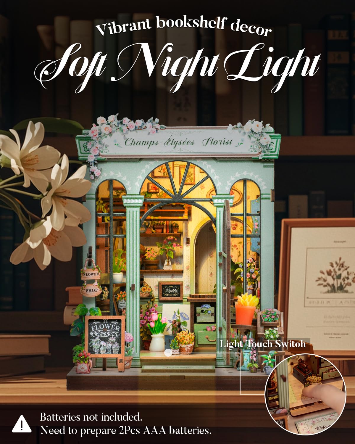 Cutefun Book Nook Kit - DIY Case delle bambole miniatura per adulti, puzzle 3D in legno con LED, Il miglior regalo per una donna (fiorista Champs-élysées)