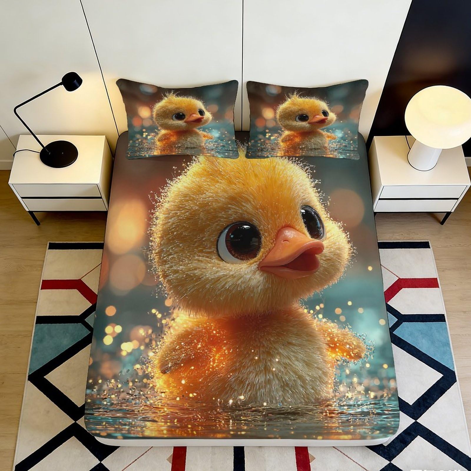 3D Printed Cute Duckling Fitted Sheet Microfiber Soft Breathable Cartoon Animal Bed Cover for Bedroom Dormitory Guest Room Mattress Protection 140x200x25cm