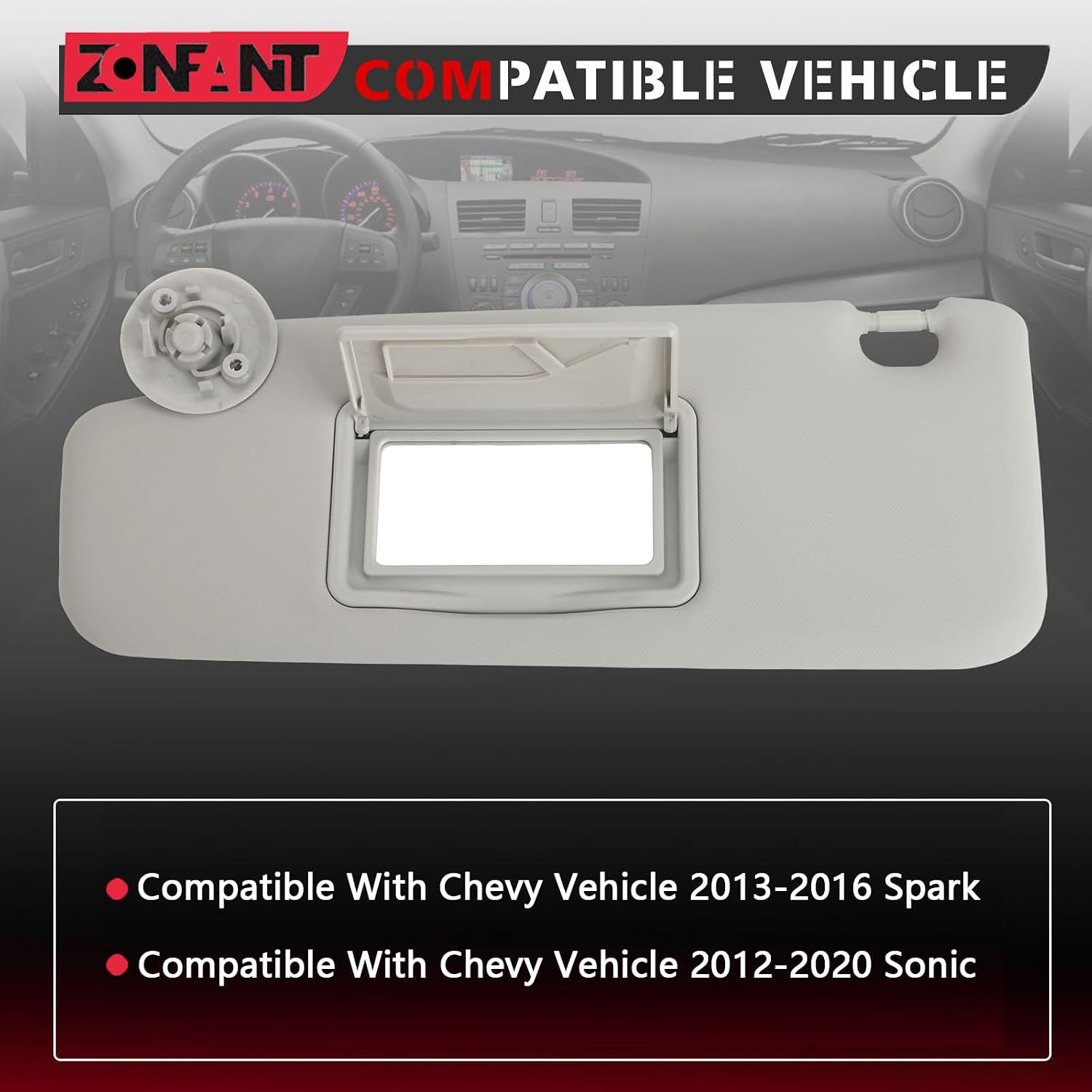 Grey Left Driver Side Sun Visor Without Sunroof Compatible with Chevy Vehicle 2012-2020 Sonic, 2013-2016 Spark, Replace#95055012 95327505 95473602 42478249