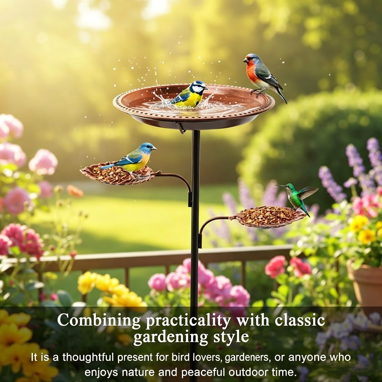 Bain d'oiseaux en MéTal avec 2 Mangeoires pour L'ExtéRieur, Support Vertical pour Jardin(Antique Bronze)