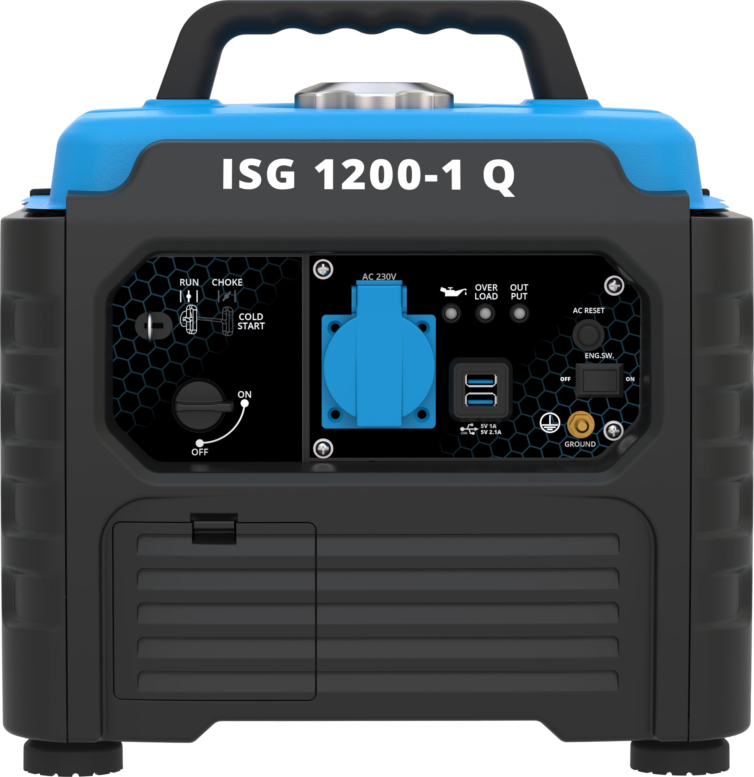 Güde Inverter Stromerzeuger ISG 1200-1 Q (4-Takt Motor, Benzin, 1,3/1,76 (kW/PS), 1x 230V, 2x USB, max. 1200W, Laufzeit bis 6 h, Tank 3 l, Überlastungsschutz, LED-Display, Zubehör, Gewicht 12,4 kg)
