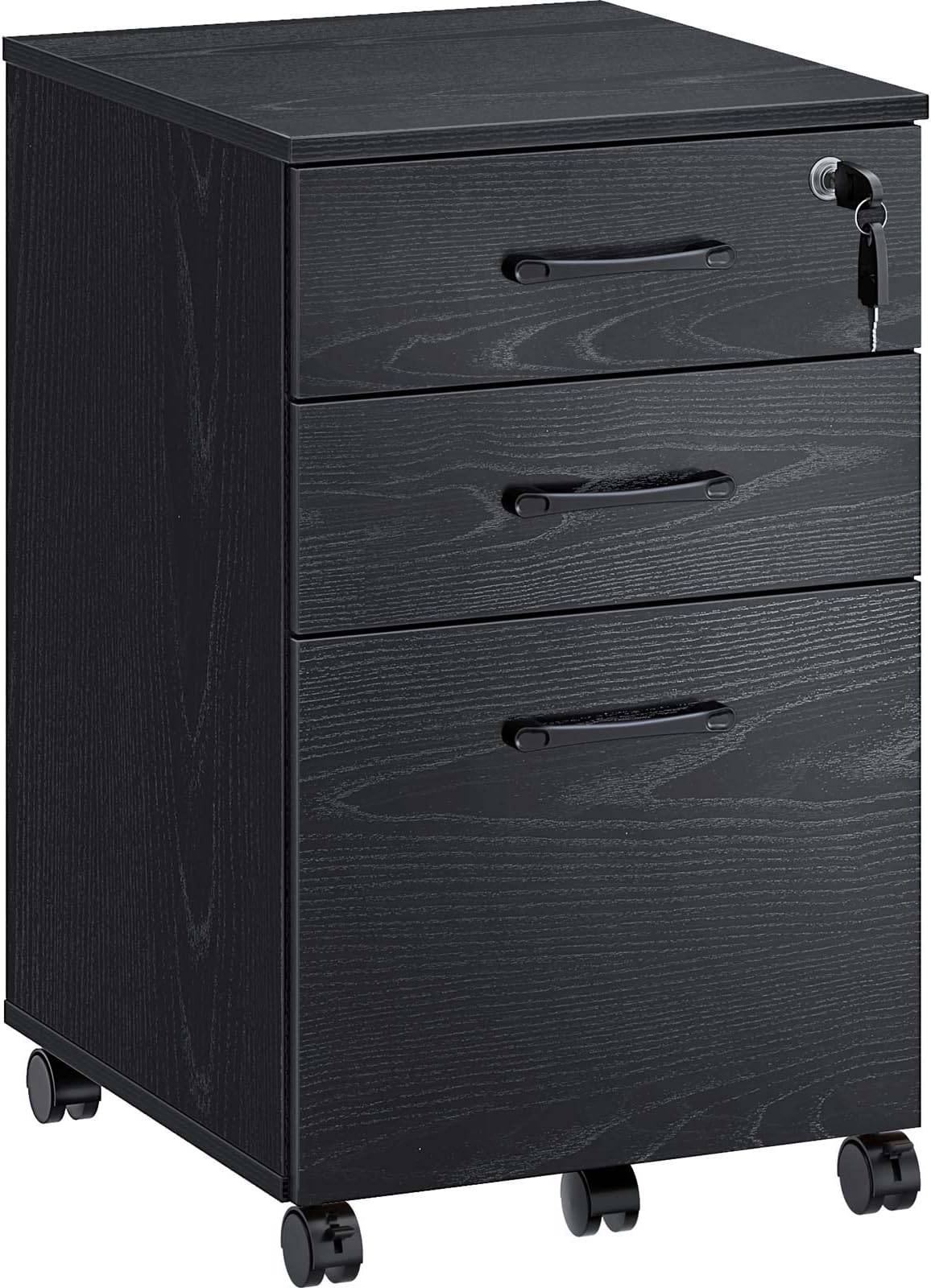 Rolanstar File Cabinet 3 Drawers with 1 Lock, Rolling Mobile Filing Cabinet, Under Desk File Cabinet with 5 Wheels and Hanging File Folders, for Letter Sized Documents, Black