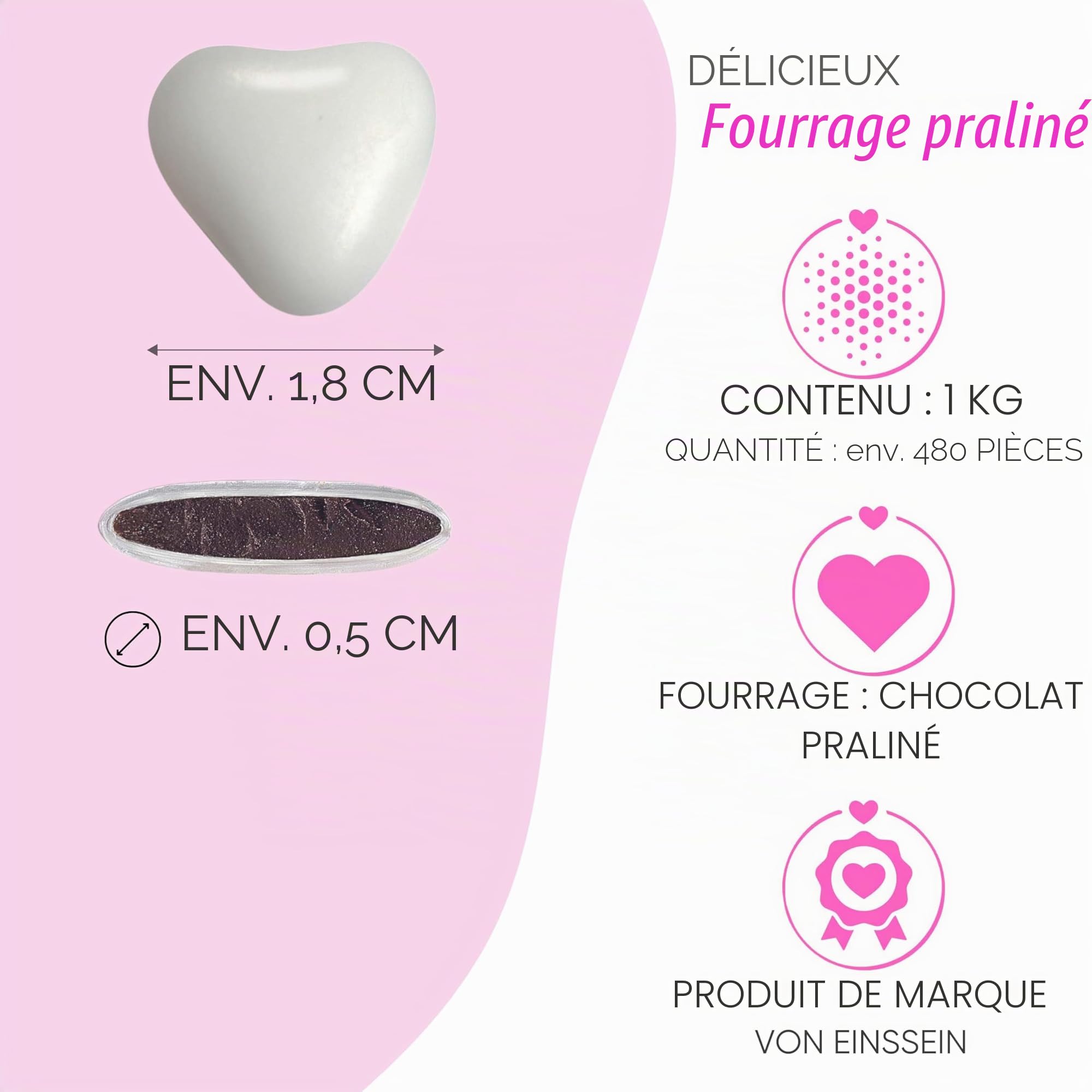 EinsSein 1kg Dragees mariage au chocolat cœur Mix médium blanc-rose brillant - 1,8 cm dragées baptême communion amandes feter et recevoir fêter