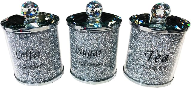 Beautiful Tea Sugar Coffee Set of 3 Crushed & Crystal Kitchen Storage Canisters Jars (Silver)